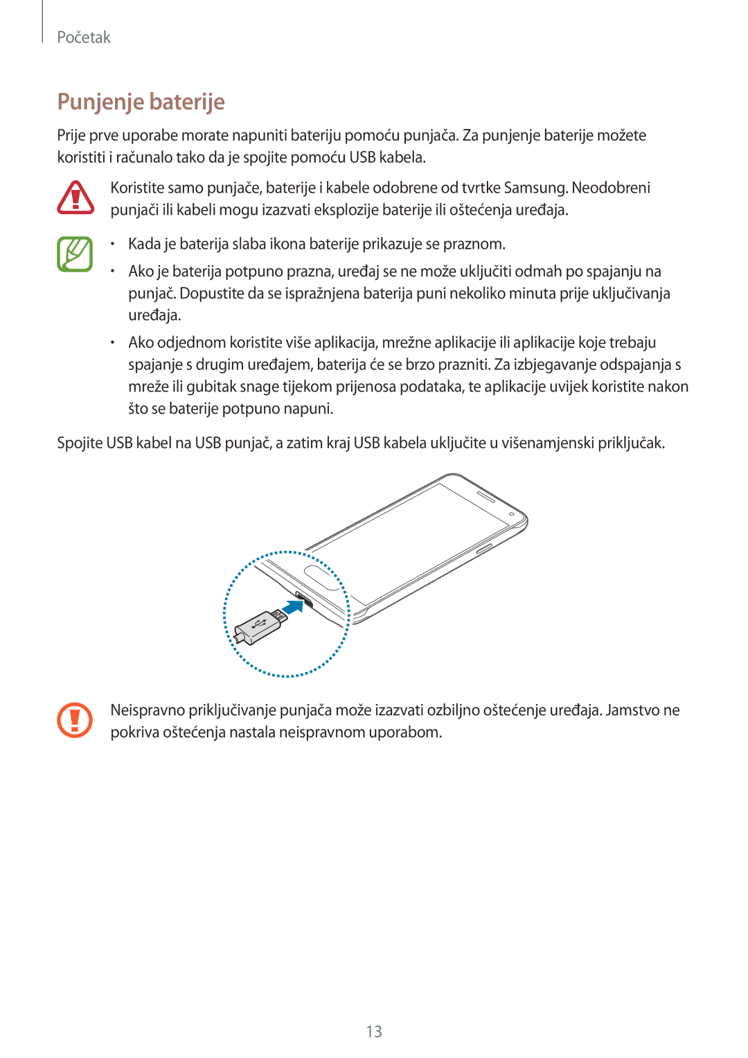 Samsung SM-G850FZDESEE, SM-G850FZWESEE, SM-G850FZKESEE, SM-G850FHSESEE, SM-G850FZWETWO, SM-G850FZKETWO manual Punjenje baterije 