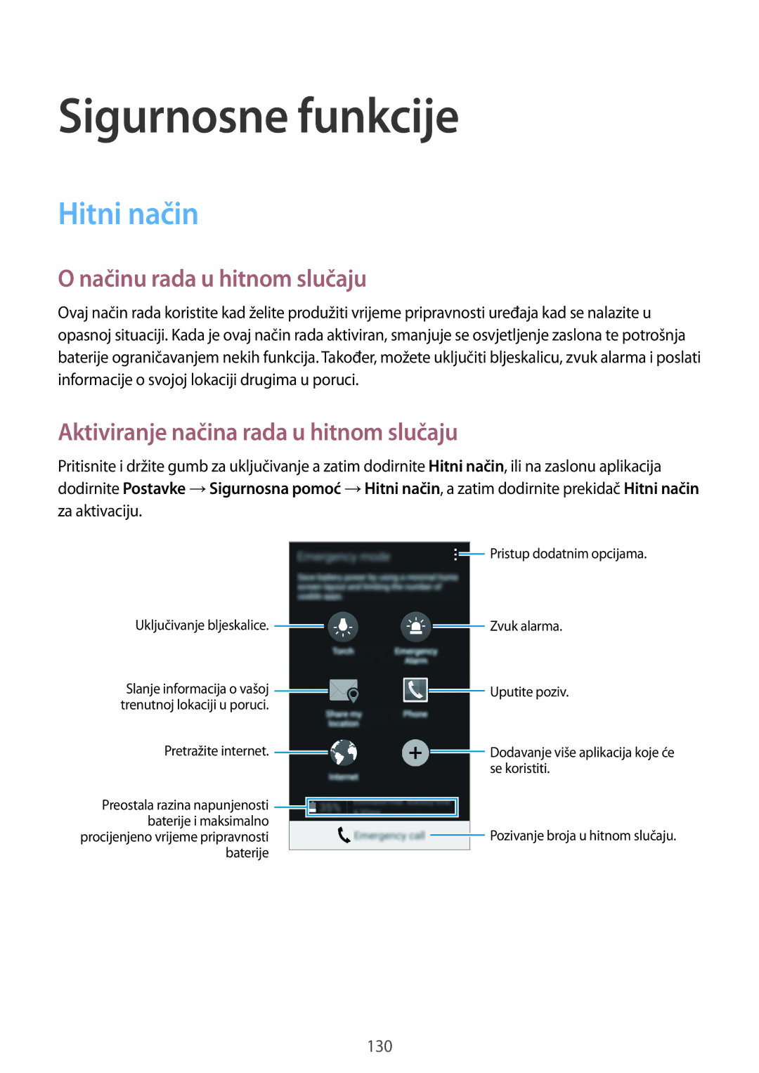 Samsung SM-G850FZDETWO, SM-G850FZWESEE, SM-G850FZDESEE manual Sigurnosne funkcije, Hitni način, Načinu rada u hitnom slučaju 