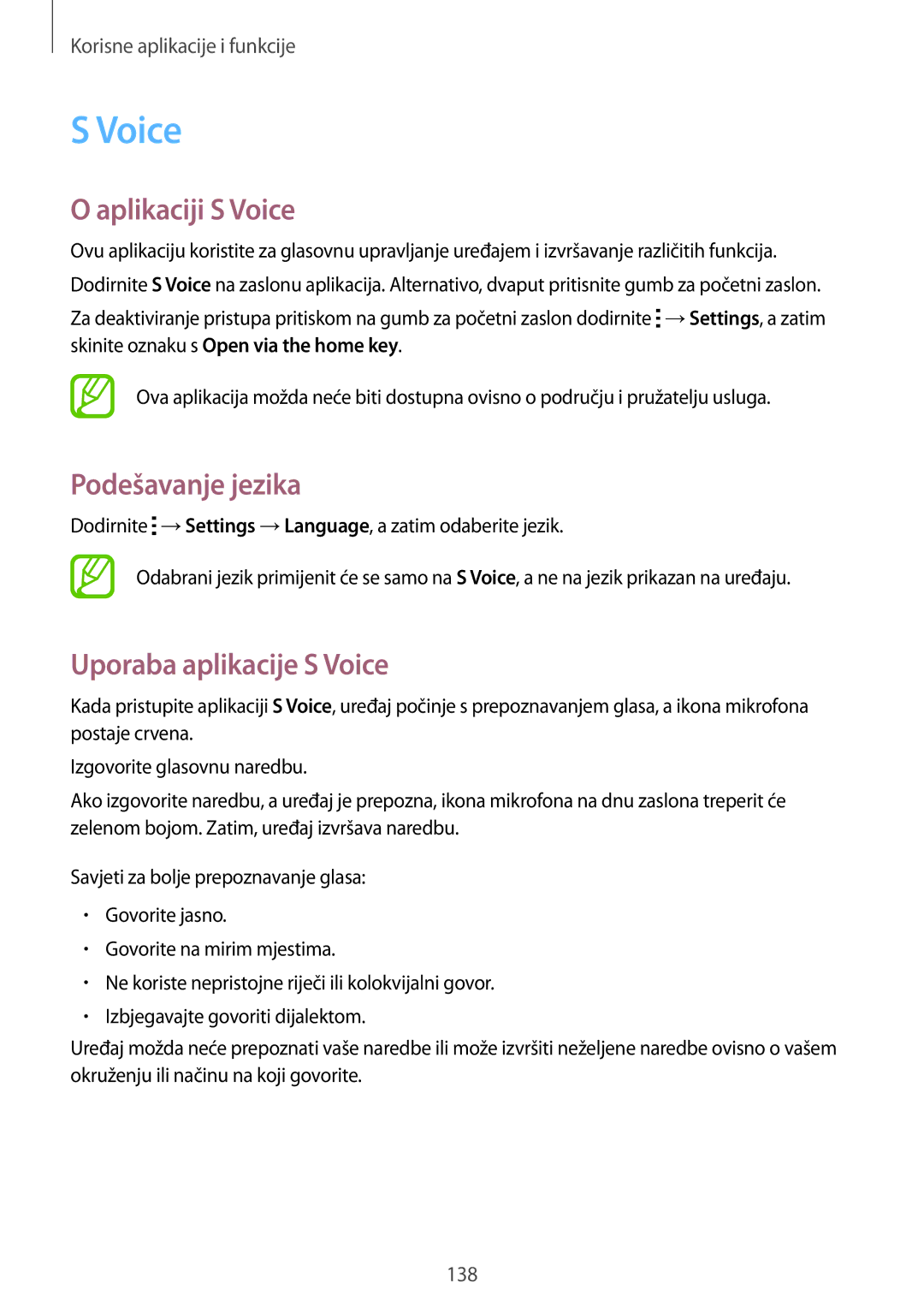 Samsung SM-G850FZDEVIP, SM-G850FZWESEE manual Aplikaciji S Voice, Podešavanje jezika, Uporaba aplikacije S Voice 