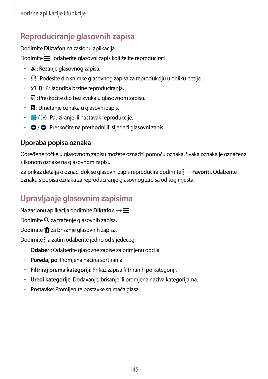 Samsung SM-G850FZDESEE manual Reproduciranje glasovnih zapisa, Upravljanje glasovnim zapisima, Uporaba popisa oznaka 