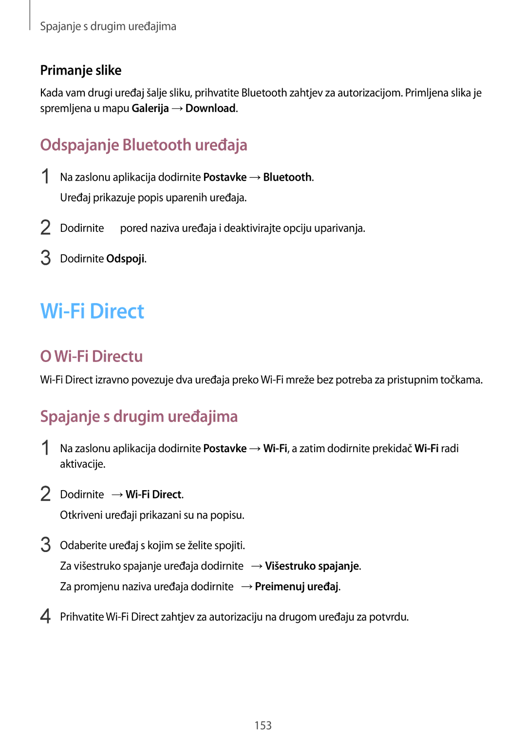 Samsung SM-G850FZWEVIP manual Odspajanje Bluetooth uređaja, Wi-Fi Directu, Spajanje s drugim uređajima, Primanje slike 