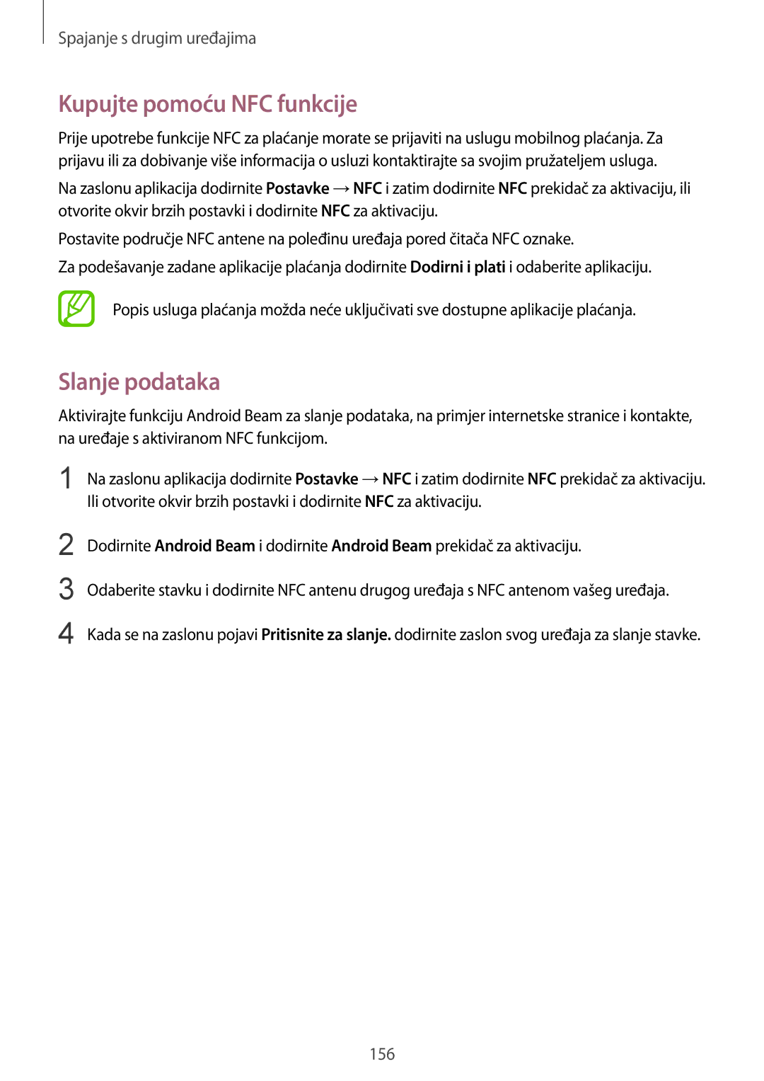 Samsung SM-G850FZWESEE, SM-G850FZDESEE, SM-G850FZKESEE, SM-G850FHSESEE manual Kupujte pomoću NFC funkcije, Slanje podataka 