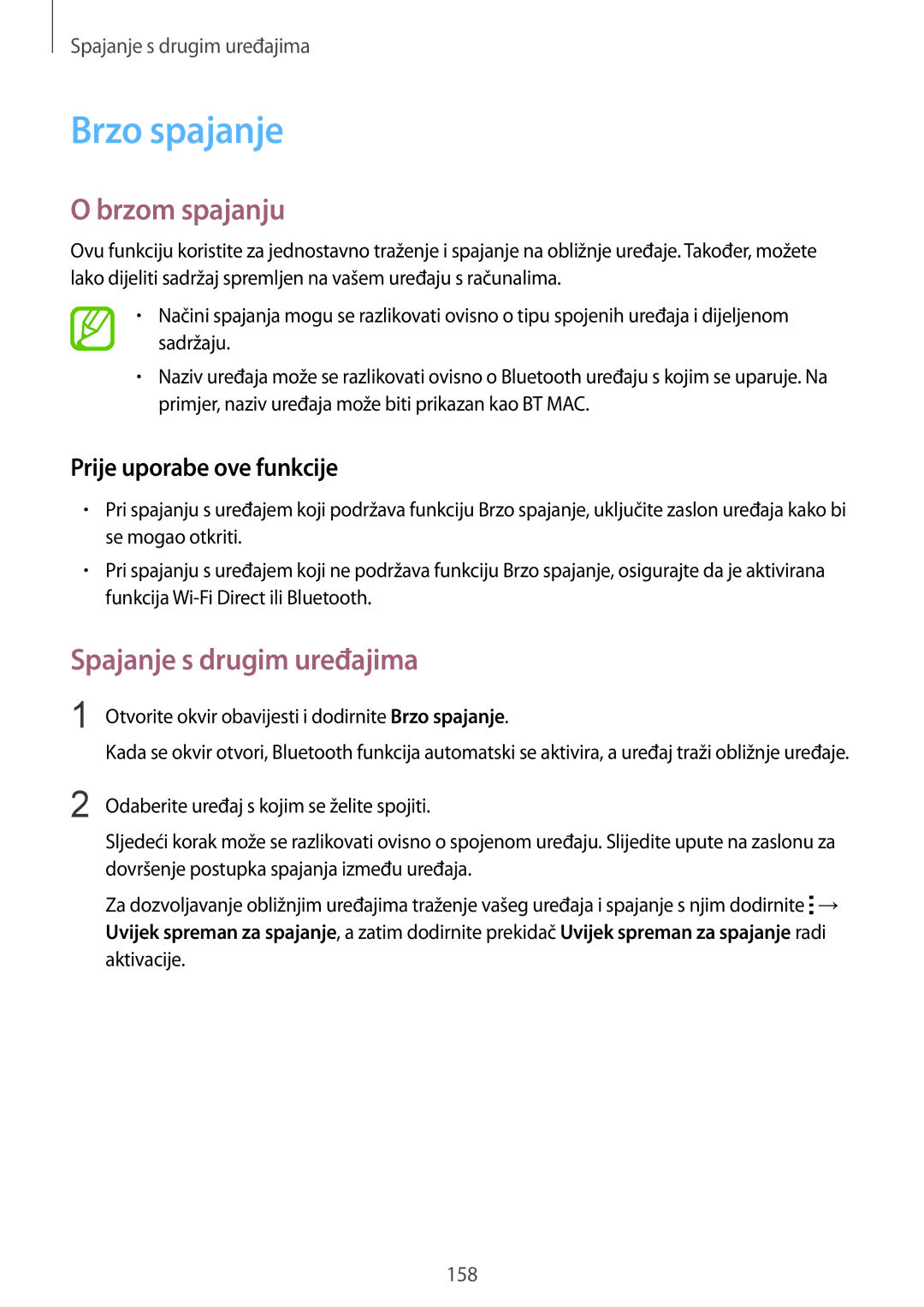 Samsung SM-G850FZKESEE, SM-G850FZWESEE, SM-G850FZDESEE manual Brzo spajanje, Brzom spajanju, Prije uporabe ove funkcije 