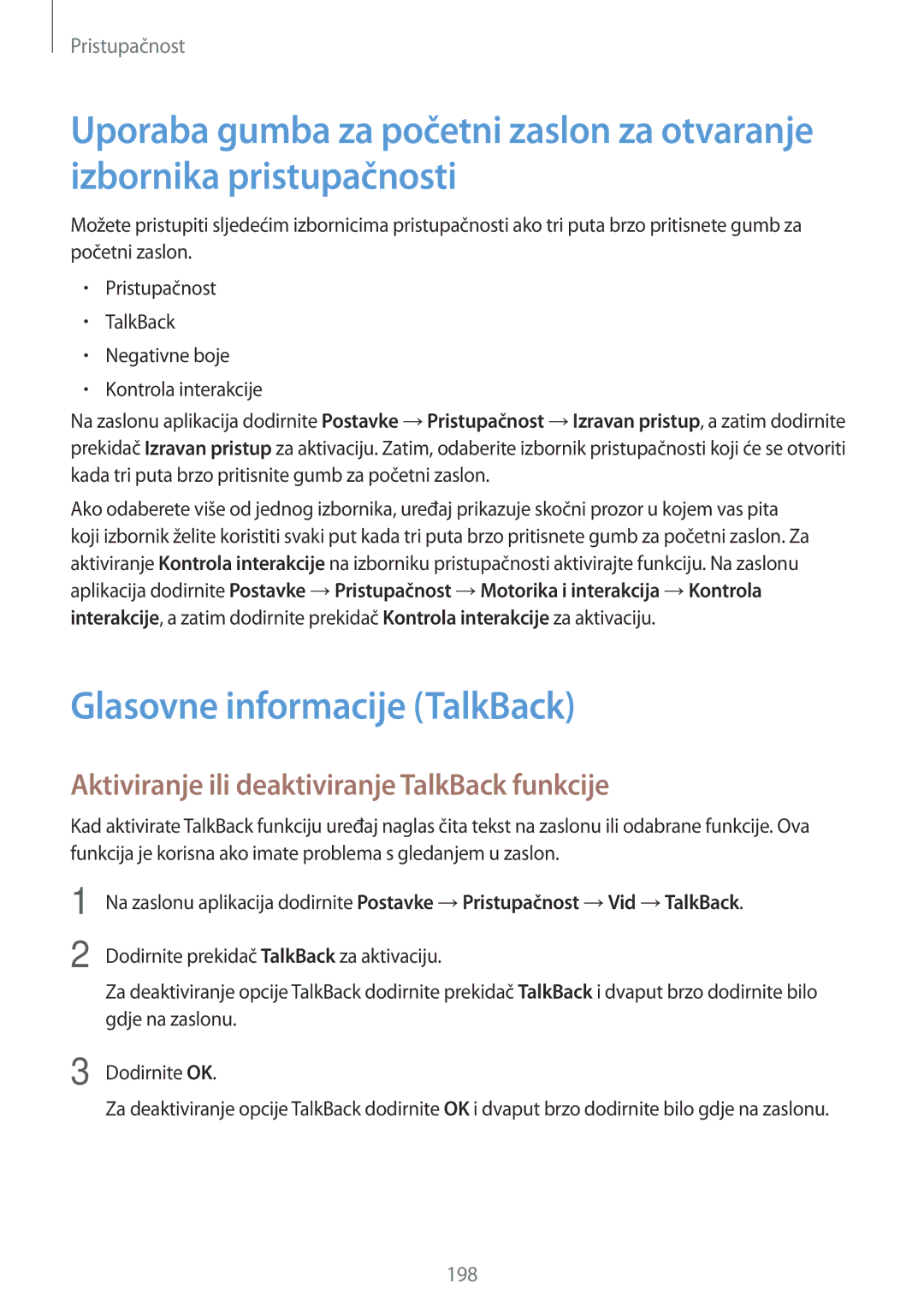 Samsung SM-G850FZDEVIP, SM-G850FZWESEE manual Glasovne informacije TalkBack, Aktiviranje ili deaktiviranje TalkBack funkcije 