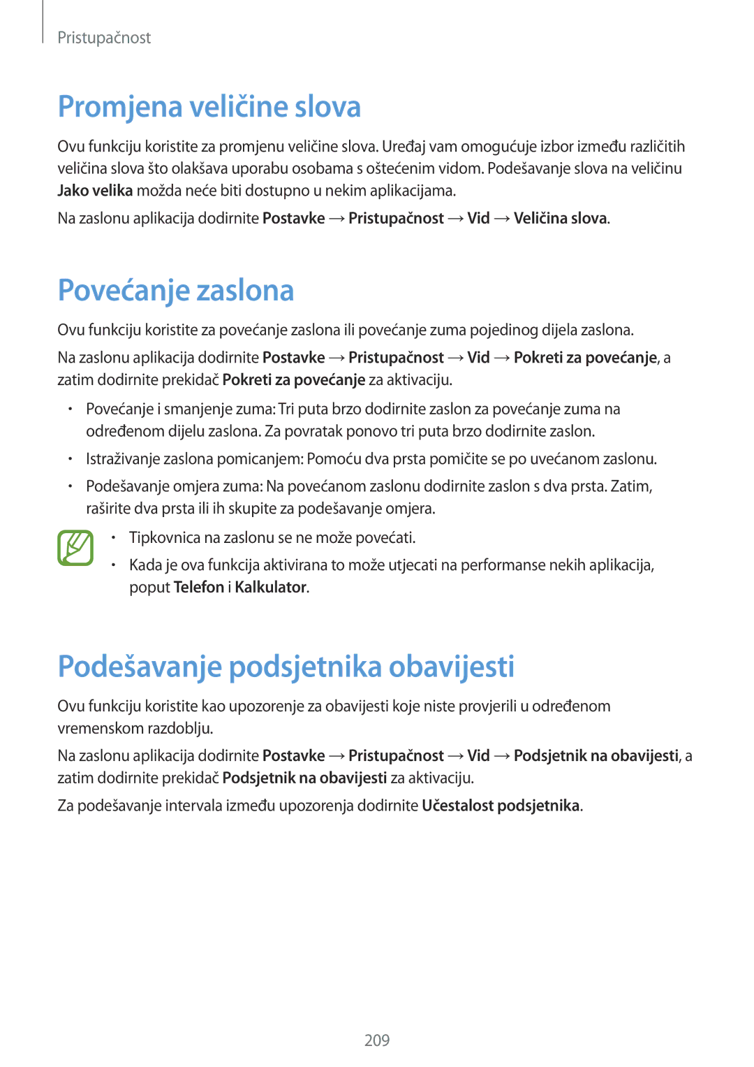 Samsung SM-G850FZKETWO, SM-G850FZWESEE manual Promjena veličine slova, Povećanje zaslona, Podešavanje podsjetnika obavijesti 