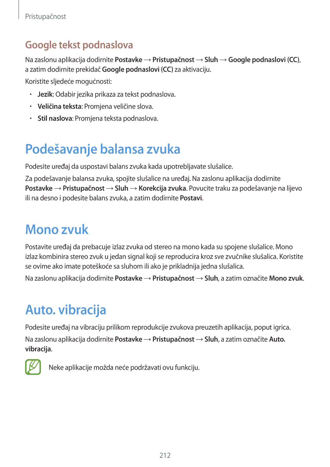 Samsung SM-G850FZKECRO, SM-G850FZWESEE manual Podešavanje balansa zvuka, Mono zvuk, Auto. vibracija, Google tekst podnaslova 