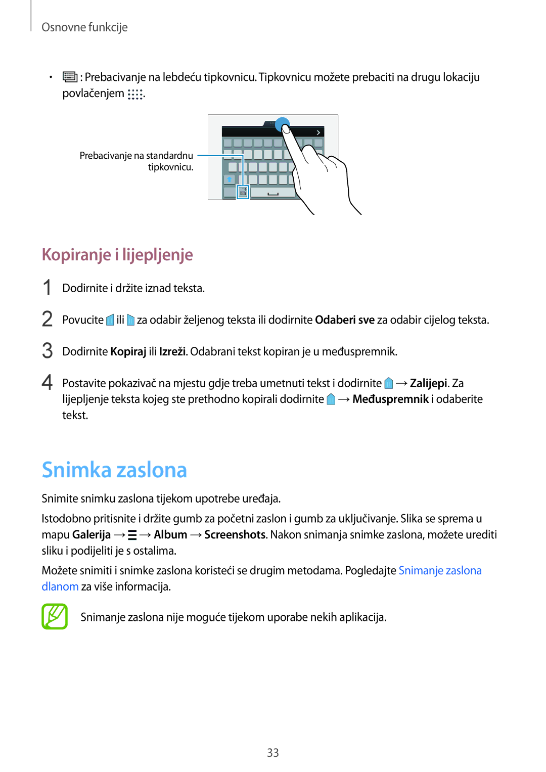 Samsung SM-G850FZWEVIP, SM-G850FZWESEE manual Snimka zaslona, Kopiranje i lijepljenje, Dodirnite i držite iznad teksta 