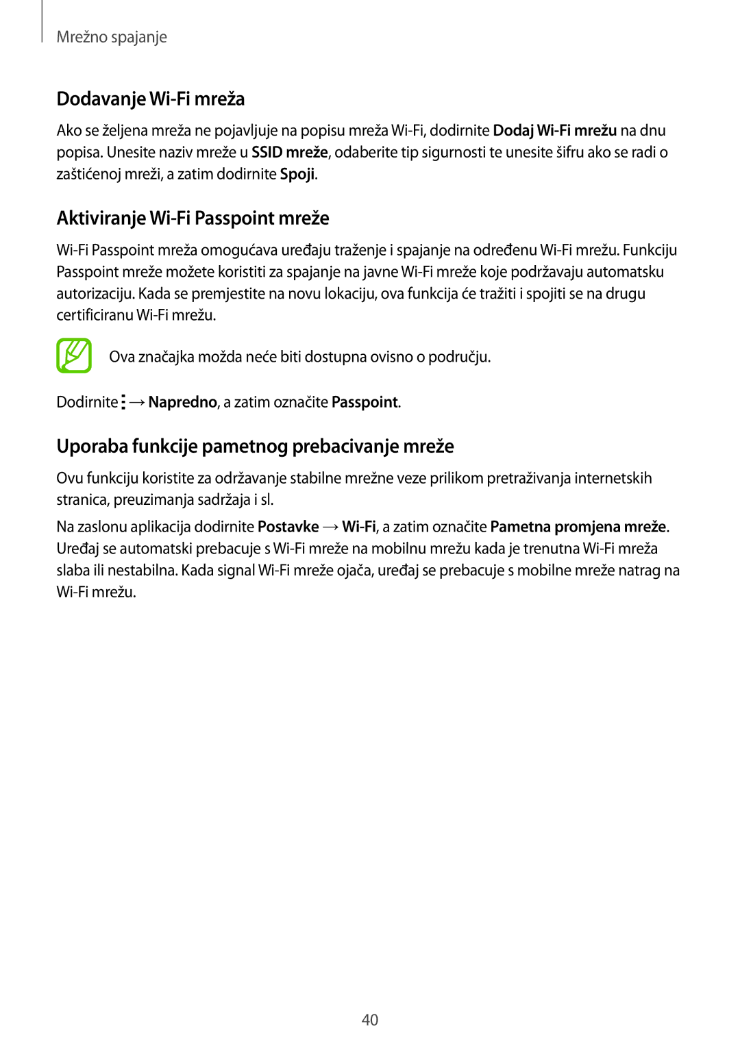 Samsung SM-G850FZWETWO, SM-G850FZWESEE, SM-G850FZDESEE manual Dodavanje Wi-Fi mreža, Aktiviranje Wi-Fi Passpoint mreže 