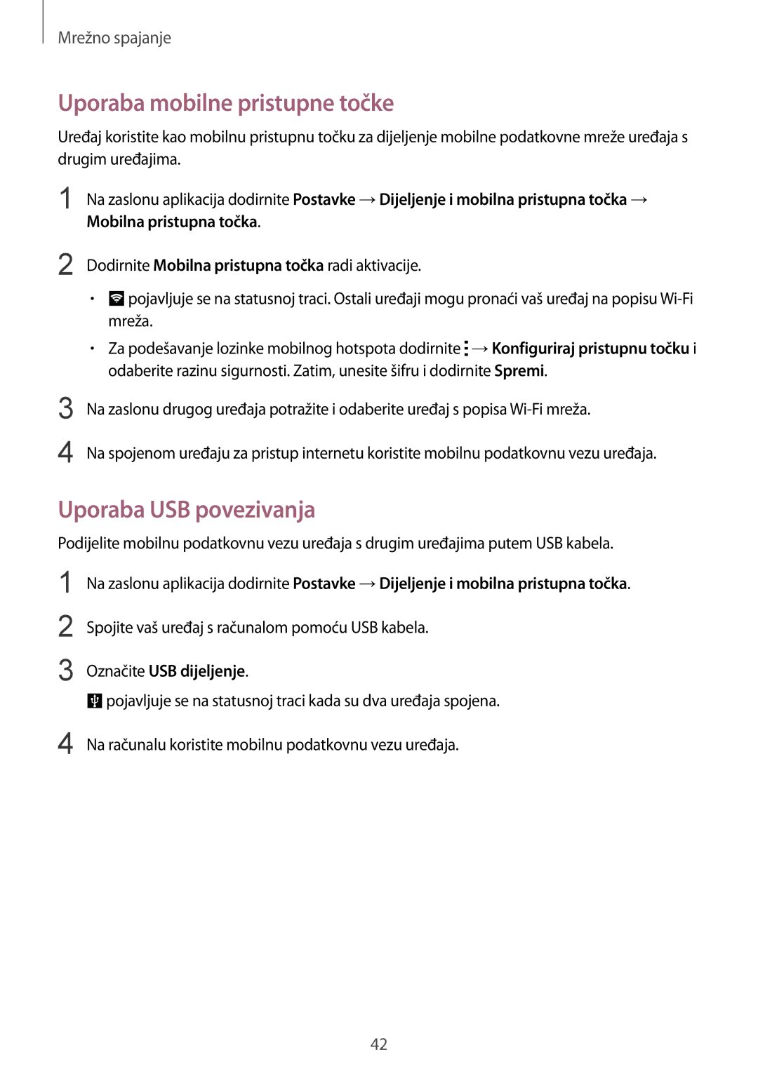 Samsung SM-G850FZDEVIP, SM-G850FZWESEE Uporaba mobilne pristupne točke, Uporaba USB povezivanja, Označite USB dijeljenje 