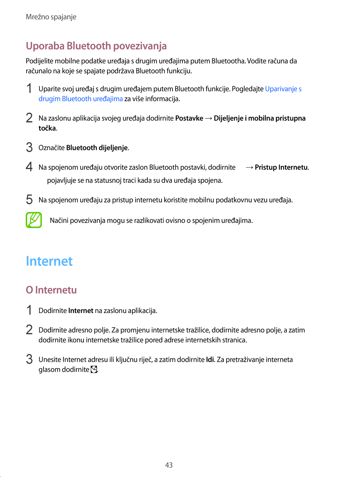 Samsung SM-G850FZKEVIP, SM-G850FZWESEE manual Uporaba Bluetooth povezivanja, Internetu, Označite Bluetooth dijeljenje 