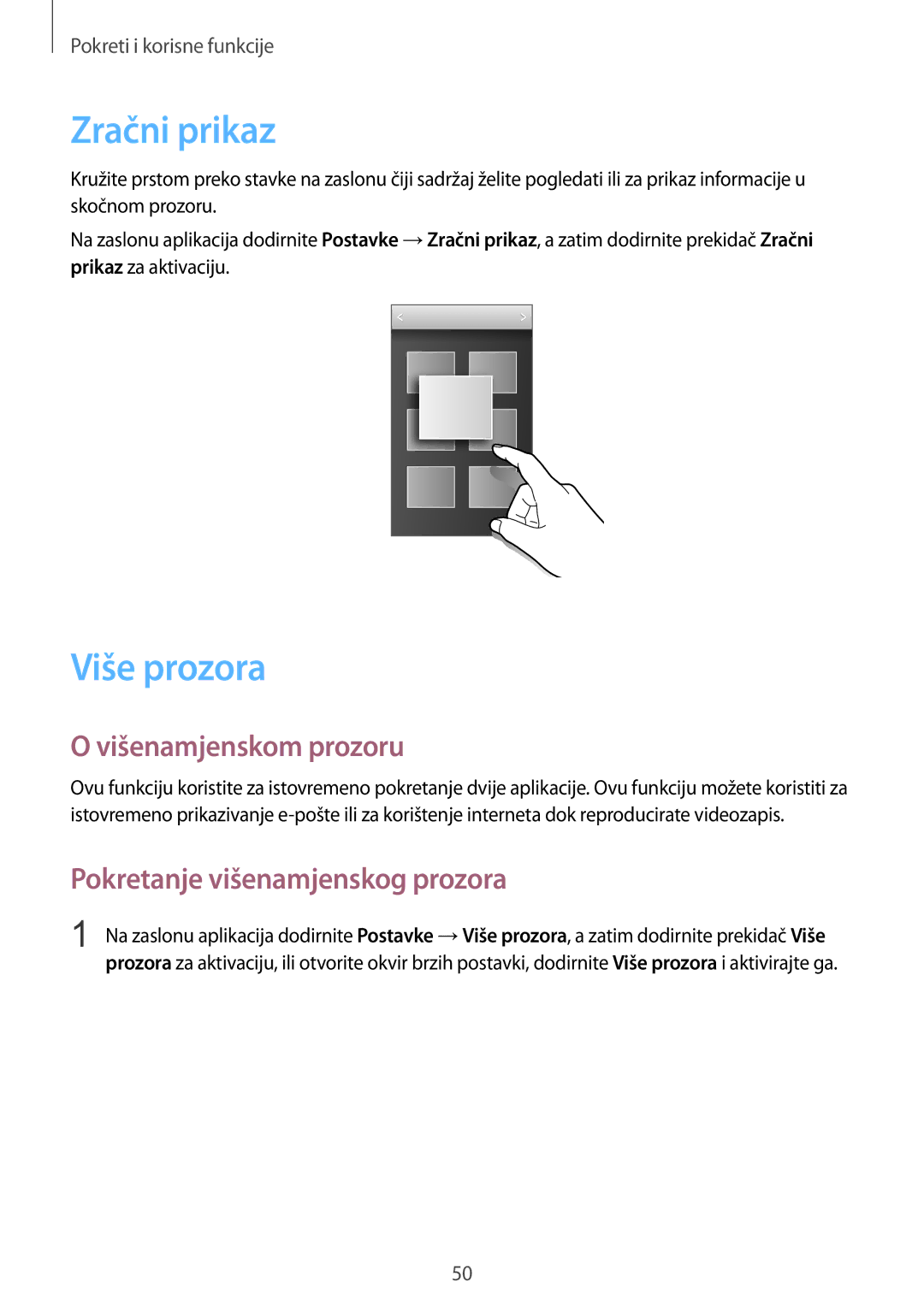 Samsung SM-G850FZKESEE manual Zračni prikaz, Više prozora, Višenamjenskom prozoru, Pokretanje višenamjenskog prozora 