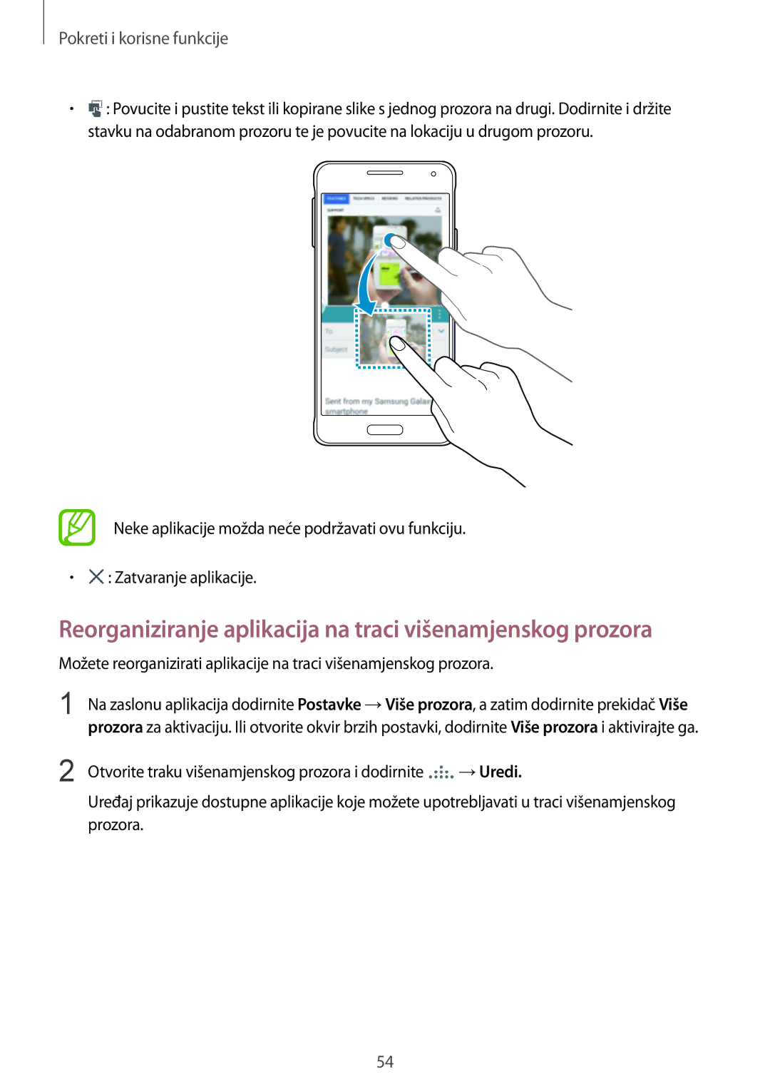 Samsung SM-G850FZDEVIP, SM-G850FZWESEE, SM-G850FZDESEE manual Reorganiziranje aplikacija na traci višenamjenskog prozora 