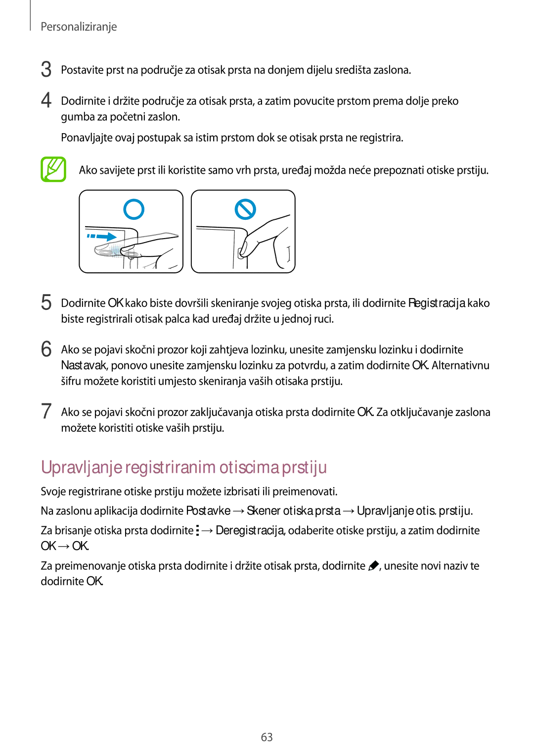 Samsung SM-G850FHSESEE, SM-G850FZWESEE, SM-G850FZDESEE, SM-G850FZKESEE manual Upravljanje registriranim otiscima prstiju 