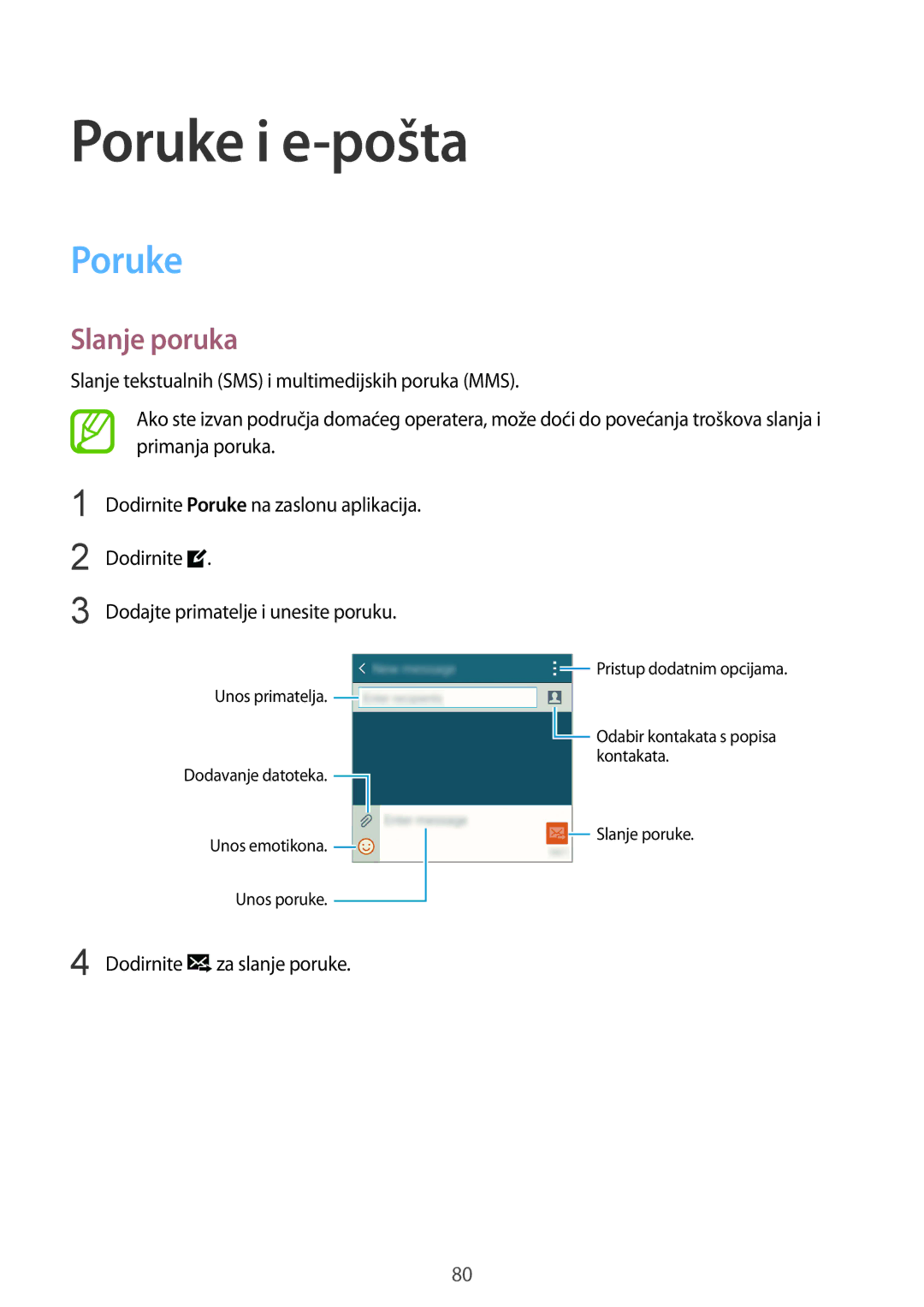 Samsung SM-G850FZKECRO, SM-G850FZWESEE, SM-G850FZDESEE, SM-G850FZKESEE, SM-G850FHSESEE manual Poruke i e-pošta, Slanje poruka 