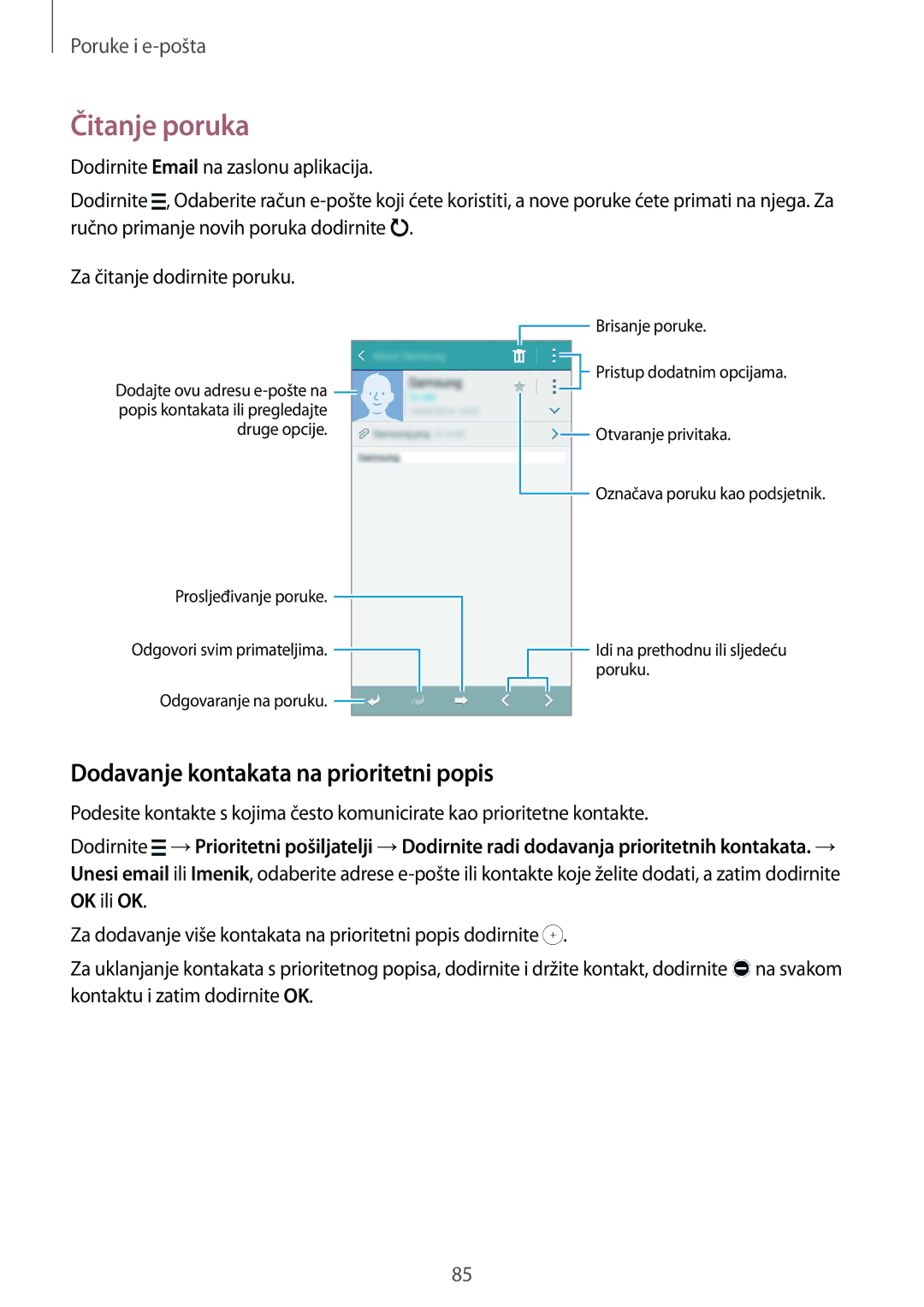 Samsung SM-G850FZDESEE, SM-G850FZWESEE, SM-G850FZKESEE manual Čitanje poruka, Dodavanje kontakata na prioritetni popis 