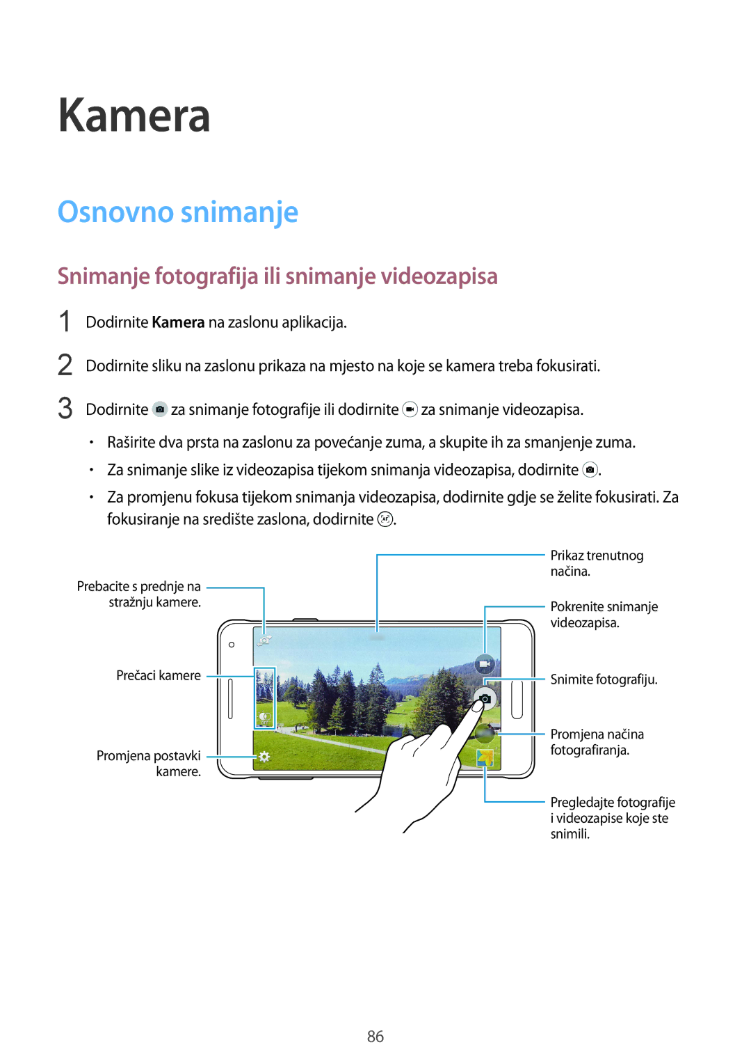 Samsung SM-G850FZKESEE, SM-G850FZWESEE manual Kamera, Osnovno snimanje, Snimanje fotografija ili snimanje videozapisa 