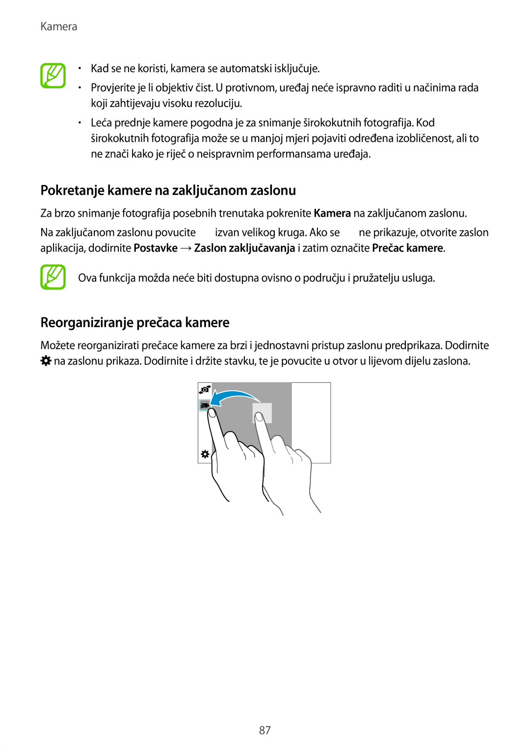 Samsung SM-G850FHSESEE, SM-G850FZWESEE manual Pokretanje kamere na zaključanom zaslonu, Reorganiziranje prečaca kamere 