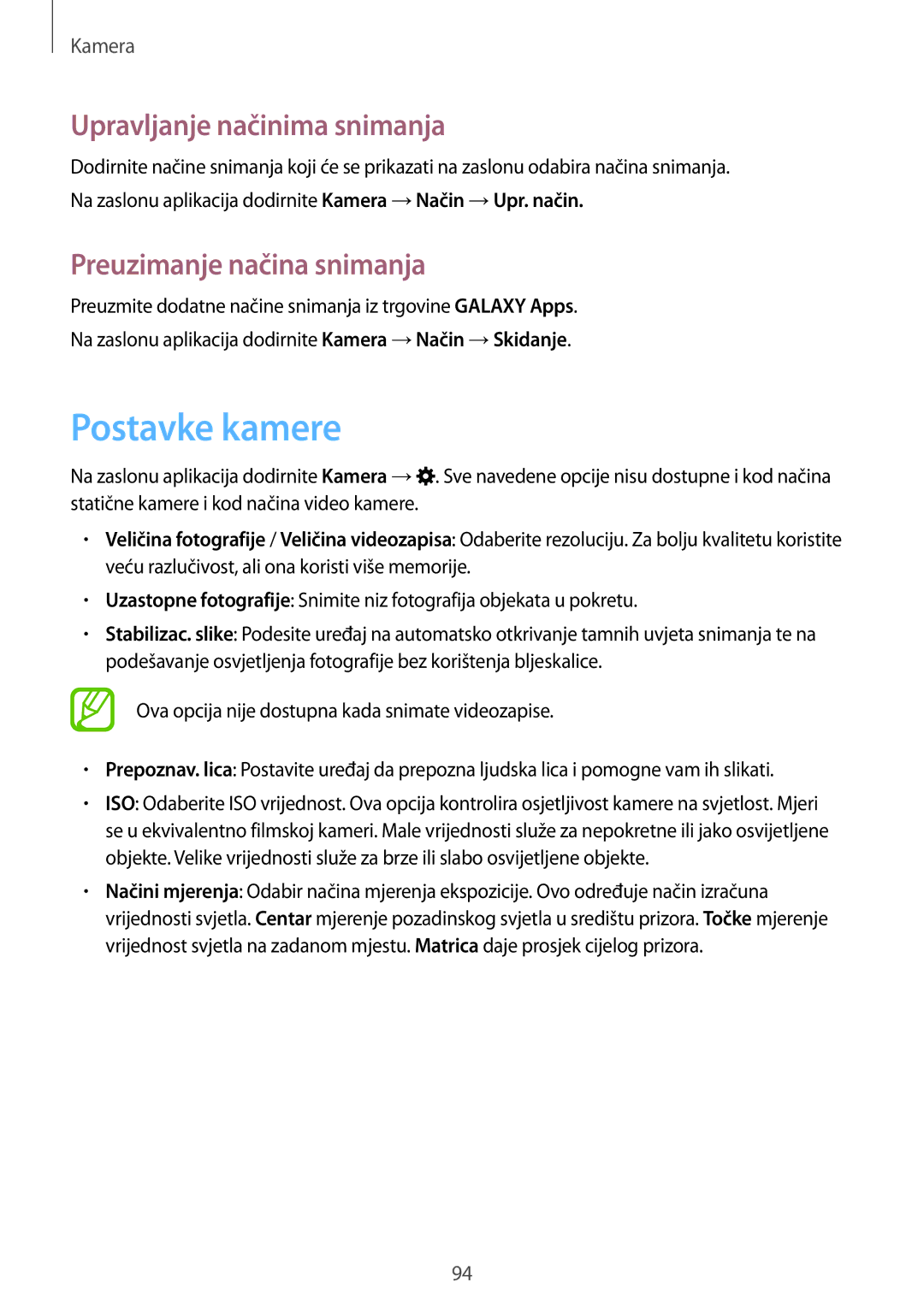 Samsung SM-G850FZDETWO, SM-G850FZWESEE manual Postavke kamere, Upravljanje načinima snimanja, Preuzimanje načina snimanja 