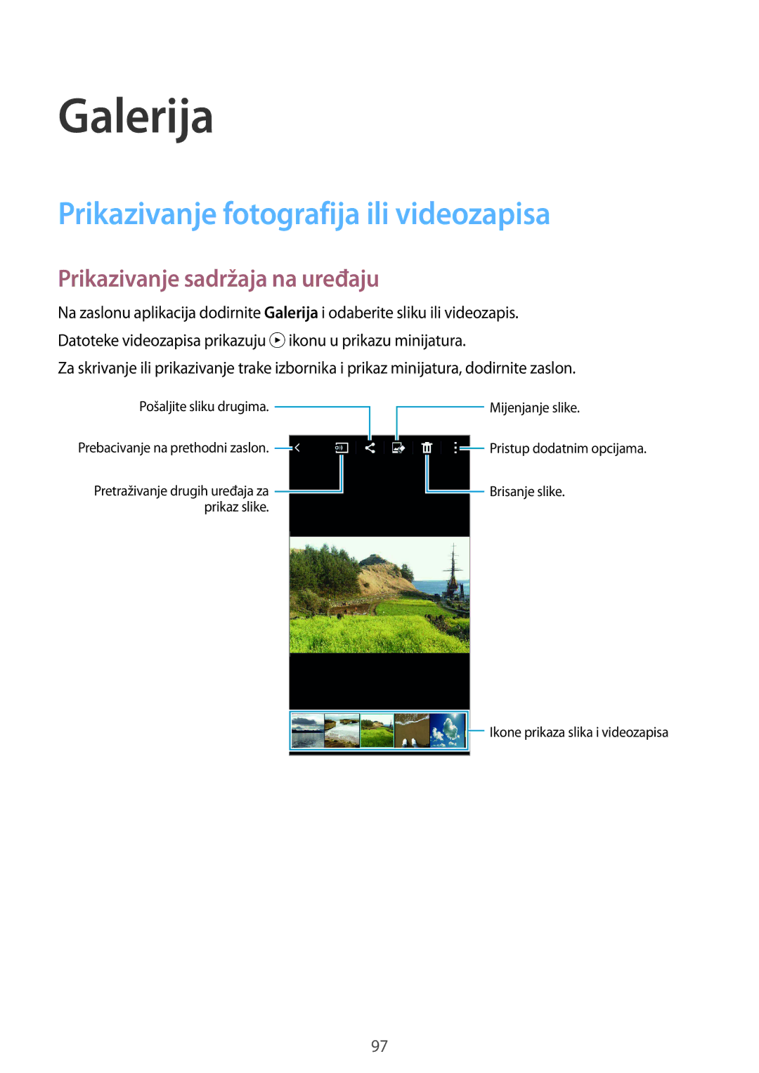 Samsung SM-G850FZDESEE manual Galerija, Prikazivanje fotografija ili videozapisa, Prikazivanje sadržaja na uređaju 