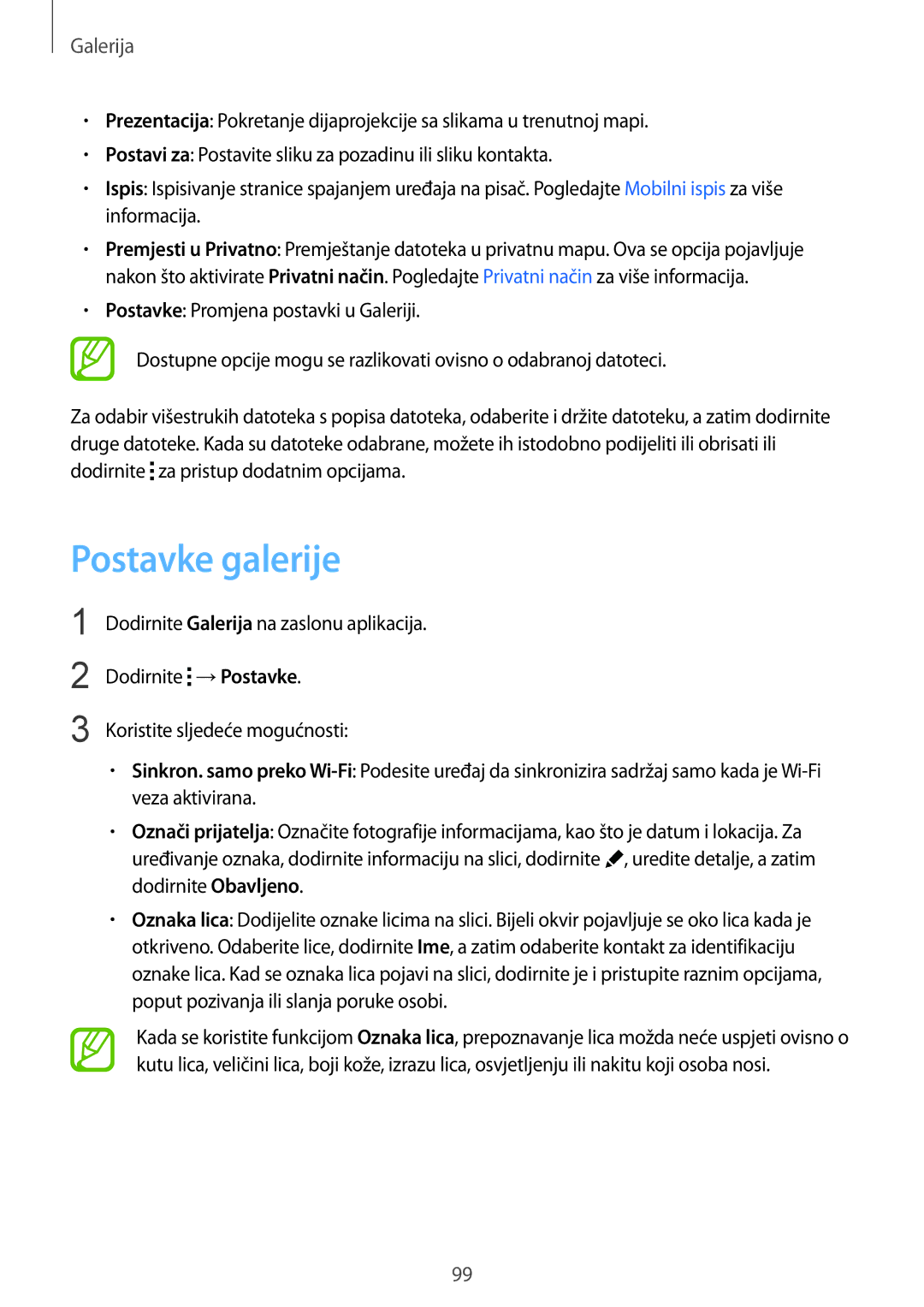 Samsung SM-G850FHSESEE, SM-G850FZWESEE manual Postavke galerije, Dodirnite →Postavke, Koristite sljedeće mogućnosti 