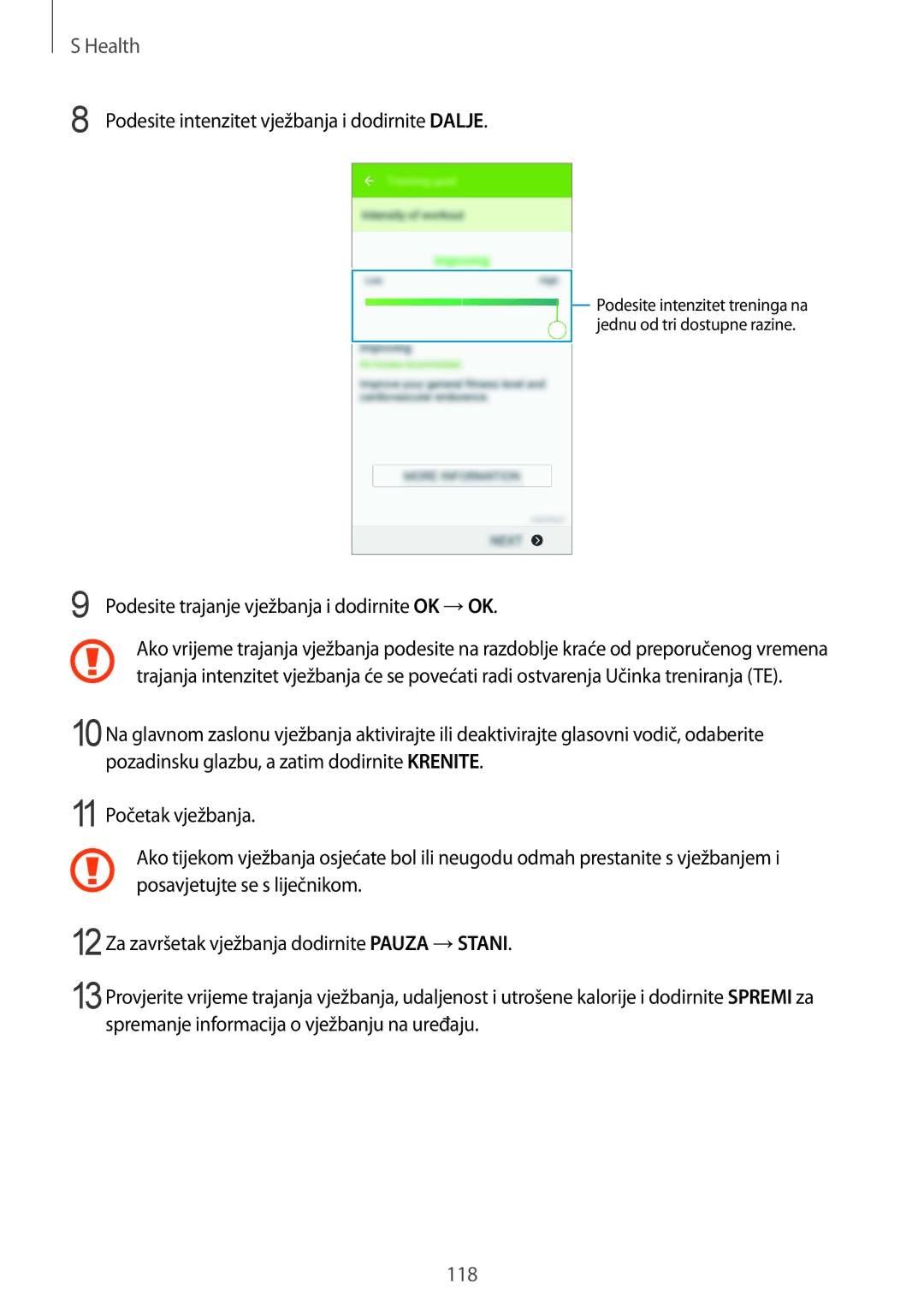 Samsung SM-G850FZDETWO Podesite intenzitet vježbanja i dodirnite Dalje, Podesite trajanje vježbanja i dodirnite OK →OK 