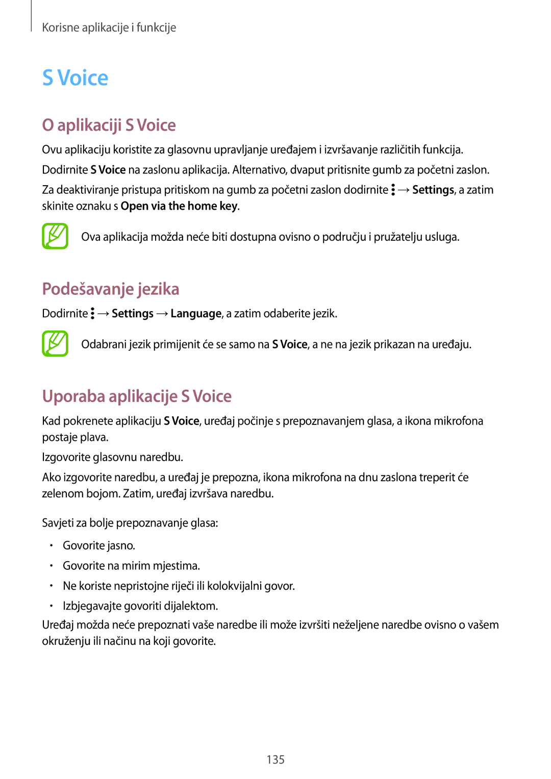 Samsung SM-G850FHSESEE, SM-G850FZWESEE manual Aplikaciji S Voice, Podešavanje jezika, Uporaba aplikacije S Voice 