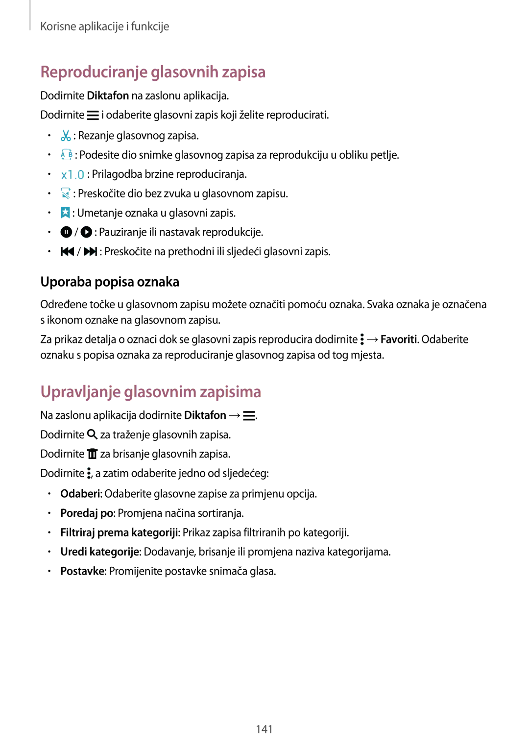 Samsung SM-G850FZWEVIP manual Reproduciranje glasovnih zapisa, Upravljanje glasovnim zapisima, Uporaba popisa oznaka 