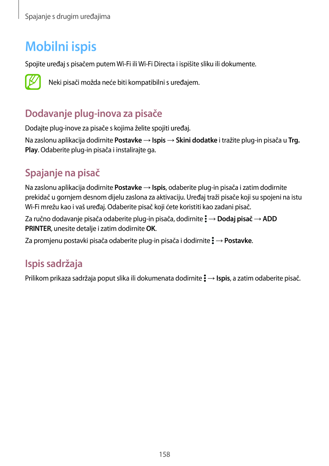 Samsung SM-G850FZKESEE, SM-G850FZWESEE Mobilni ispis, Dodavanje plug-inova za pisače, Spajanje na pisač, Ispis sadržaja 
