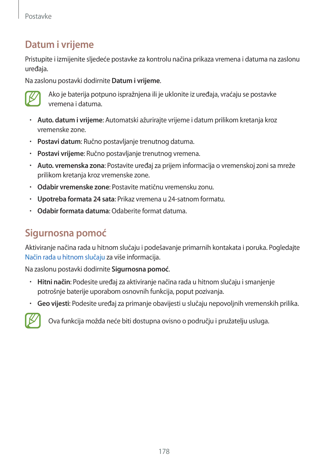 Samsung SM-G850FZDETWO, SM-G850FZWESEE, SM-G850FZDESEE, SM-G850FZKESEE, SM-G850FHSESEE manual Datum i vrijeme, Sigurnosna pomoć 