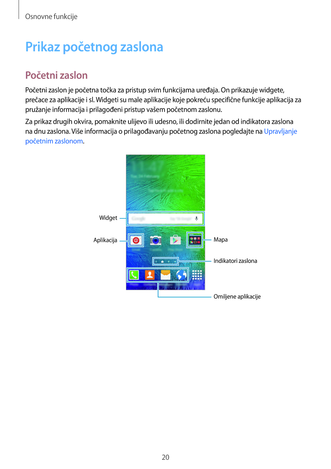 Samsung SM-G850FZKECRO, SM-G850FZWESEE, SM-G850FZDESEE, SM-G850FZKESEE manual Prikaz početnog zaslona, Početni zaslon 