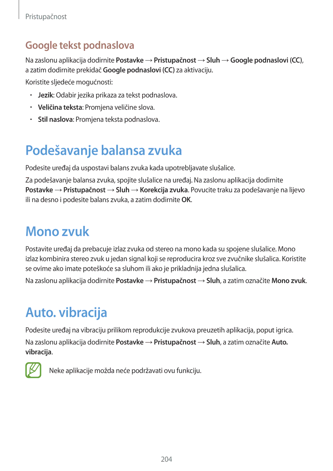 Samsung SM-G850FZWESEE, SM-G850FZDESEE manual Podešavanje balansa zvuka, Mono zvuk, Auto. vibracija, Google tekst podnaslova 