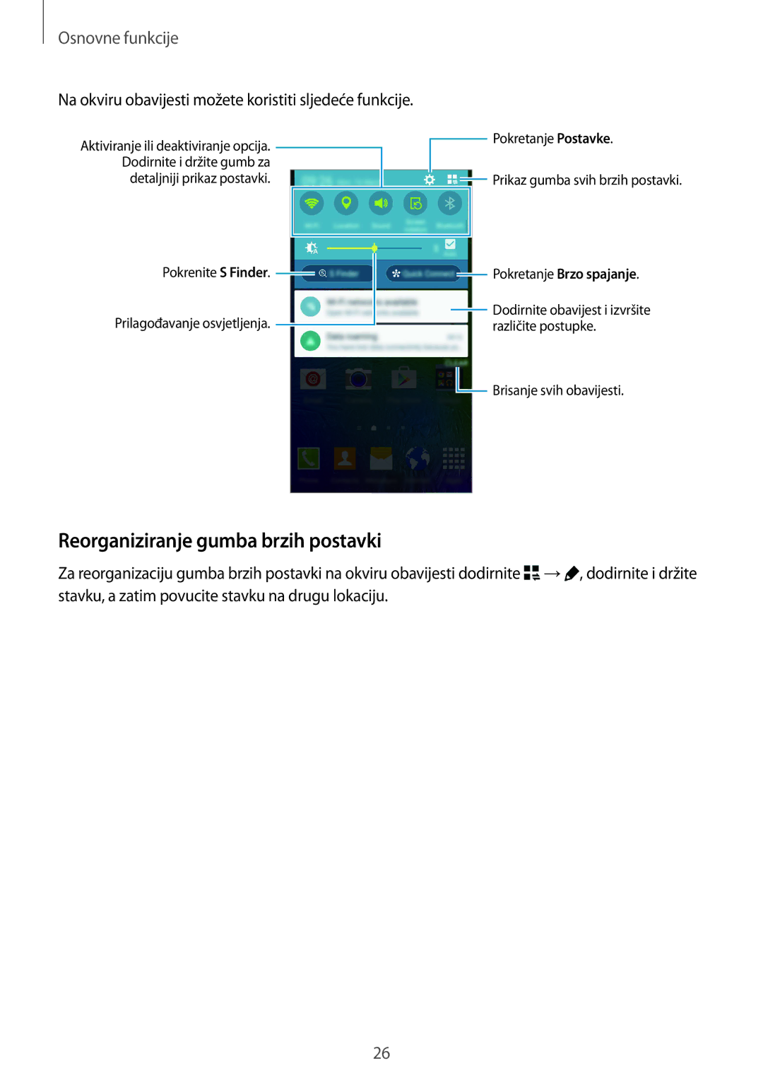 Samsung SM-G850FZKESEE manual Reorganiziranje gumba brzih postavki, Na okviru obavijesti možete koristiti sljedeće funkcije 