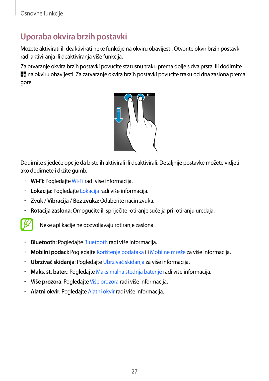 Samsung SM-G850FHSESEE, SM-G850FZWESEE, SM-G850FZDESEE, SM-G850FZKESEE, SM-G850FZWETWO manual Uporaba okvira brzih postavki 