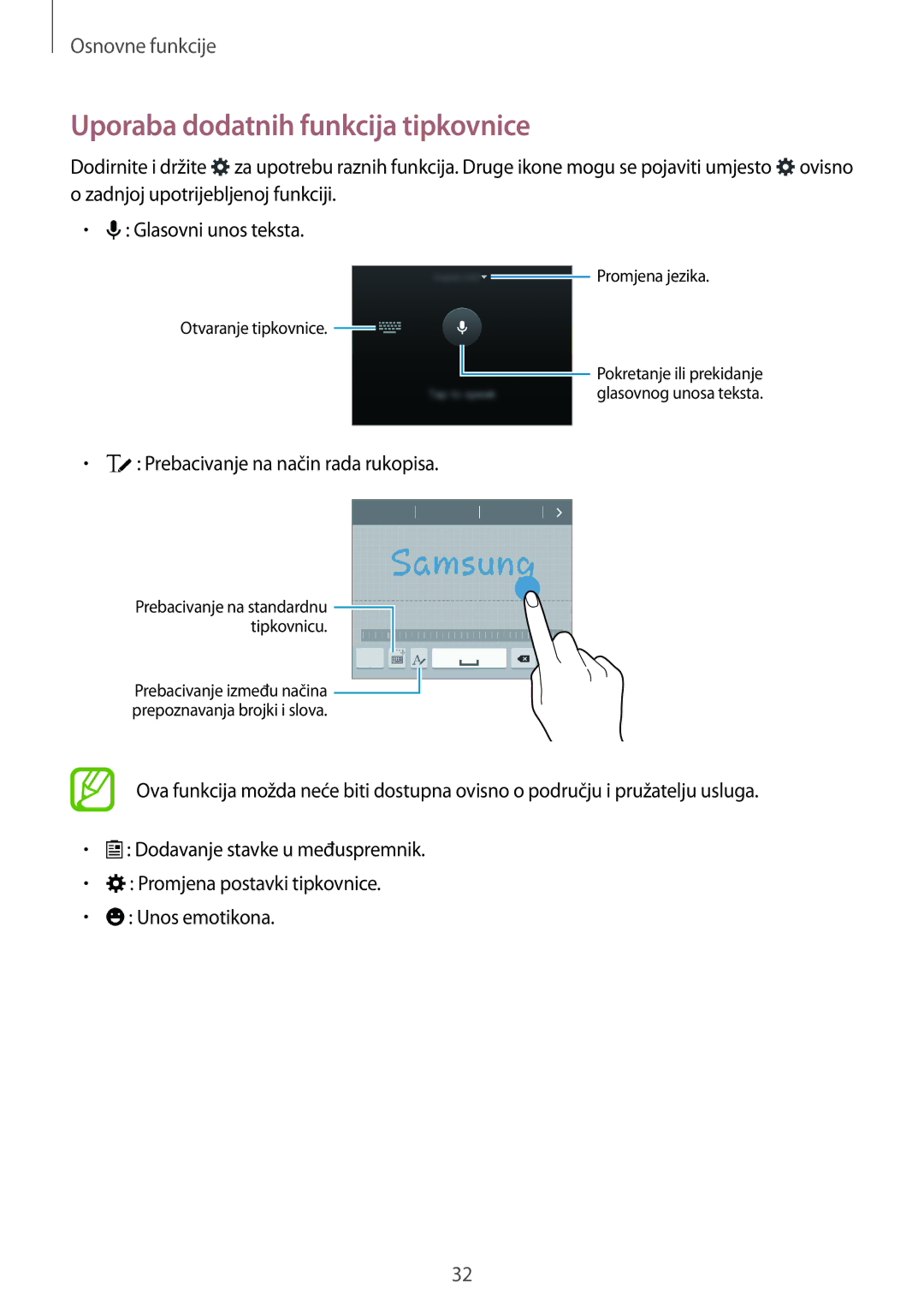 Samsung SM-G850FZKECRO, SM-G850FZWESEE manual Uporaba dodatnih funkcija tipkovnice, Prebacivanje na način rada rukopisa 