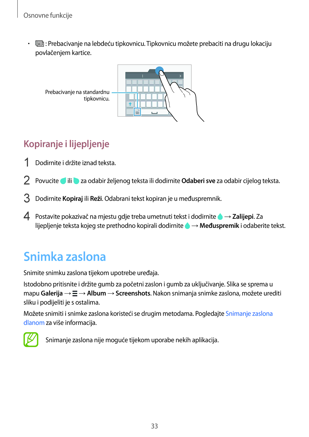 Samsung SM-G850FZWEVIP, SM-G850FZWESEE manual Snimka zaslona, Kopiranje i lijepljenje, Dodirnite i držite iznad teksta 