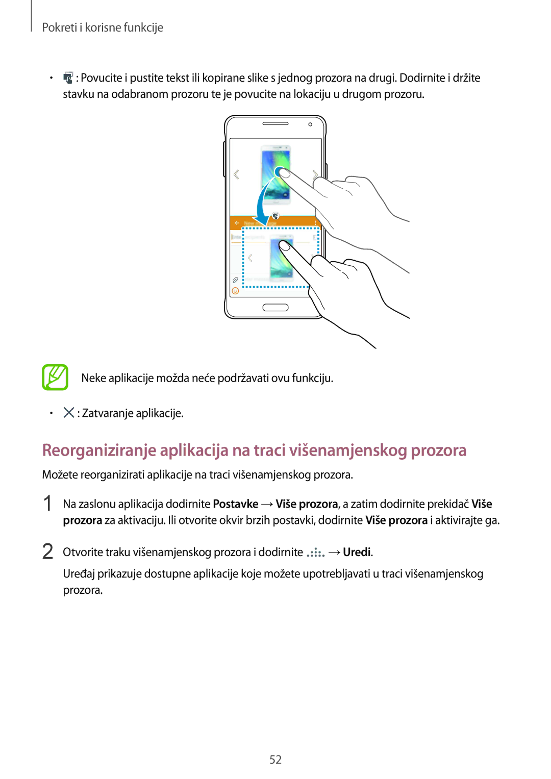 Samsung SM-G850FZWETWO, SM-G850FZWESEE, SM-G850FZDESEE manual Reorganiziranje aplikacija na traci višenamjenskog prozora 