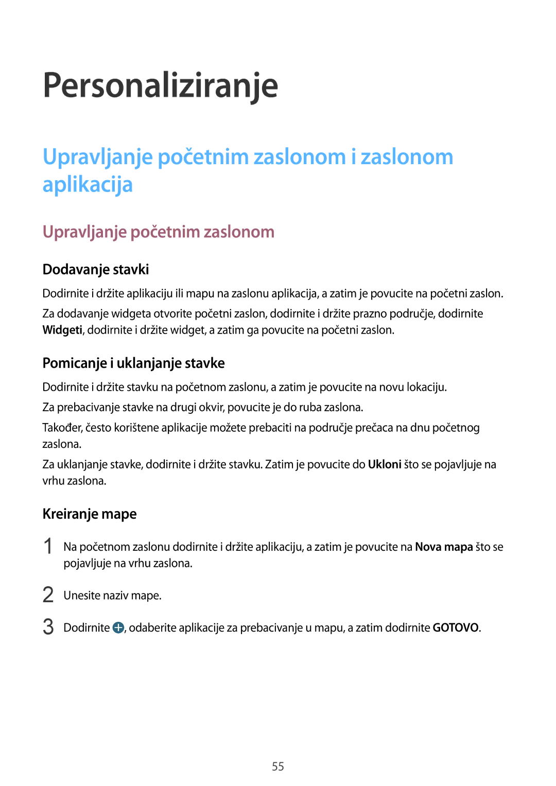 Samsung SM-G850FZKEVIP, SM-G850FZWESEE manual Personaliziranje, Upravljanje početnim zaslonom i zaslonom aplikacija 