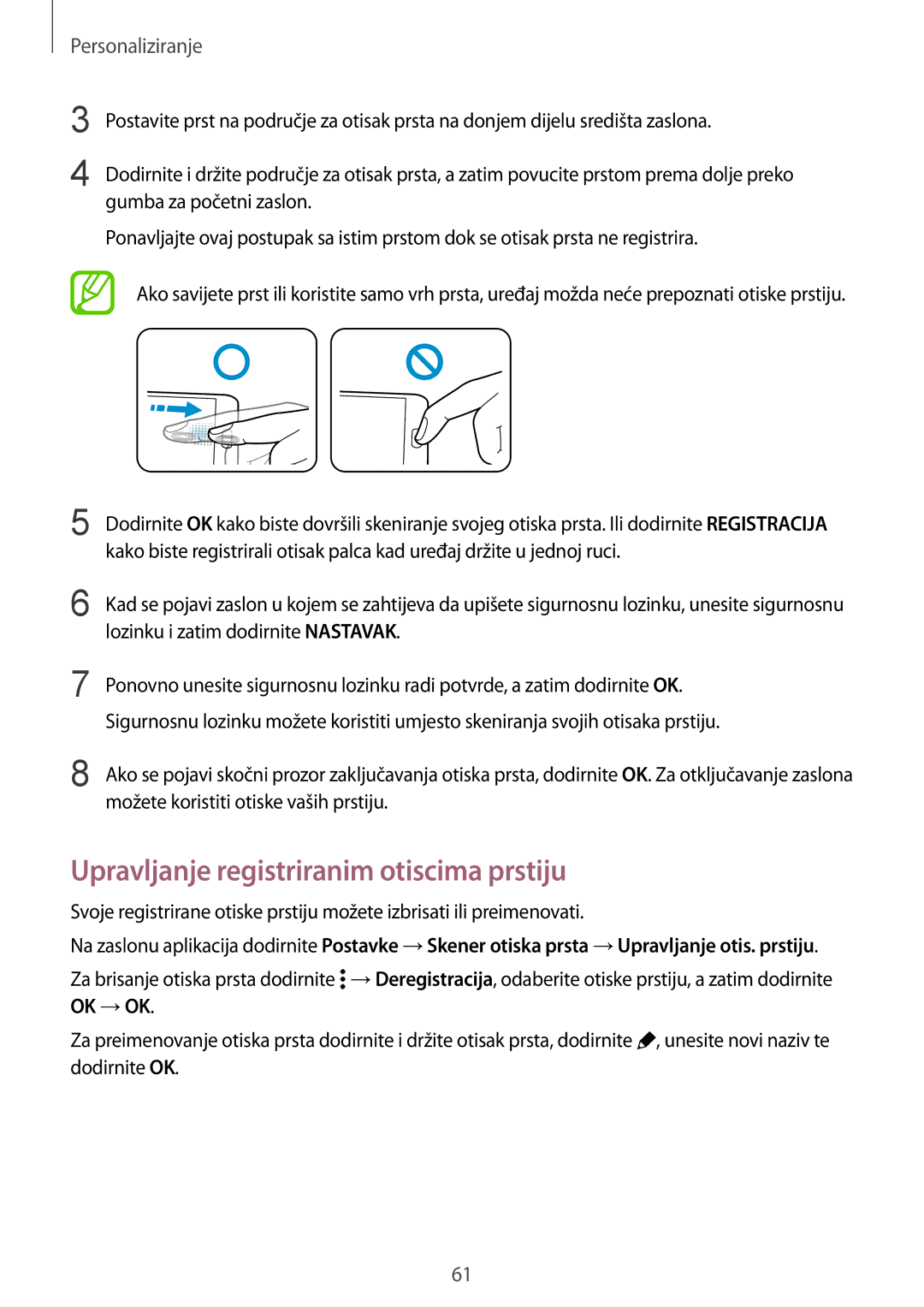 Samsung SM-G850FZDESEE, SM-G850FZWESEE, SM-G850FZKESEE, SM-G850FHSESEE manual Upravljanje registriranim otiscima prstiju 