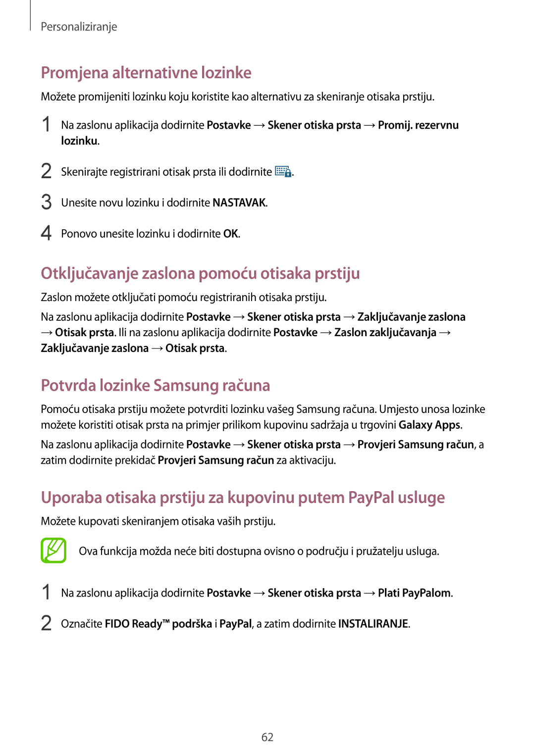 Samsung SM-G850FZKESEE, SM-G850FZWESEE manual Promjena alternativne lozinke, Otključavanje zaslona pomoću otisaka prstiju 