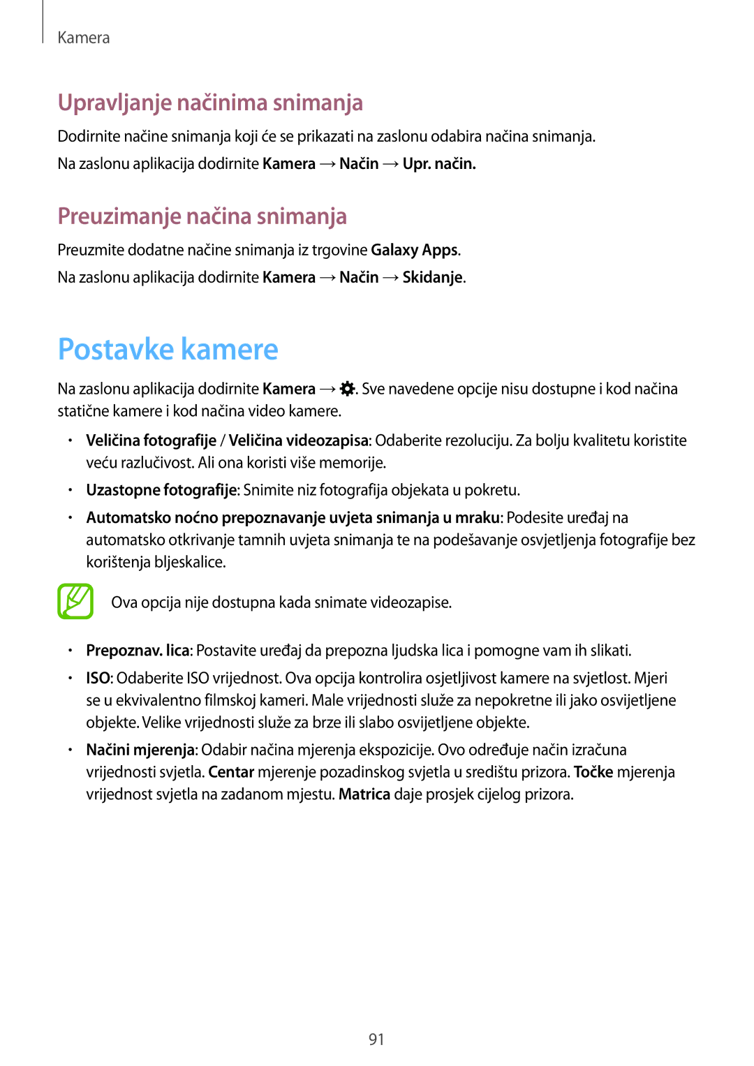 Samsung SM-G850FZKEVIP, SM-G850FZWESEE manual Postavke kamere, Upravljanje načinima snimanja, Preuzimanje načina snimanja 