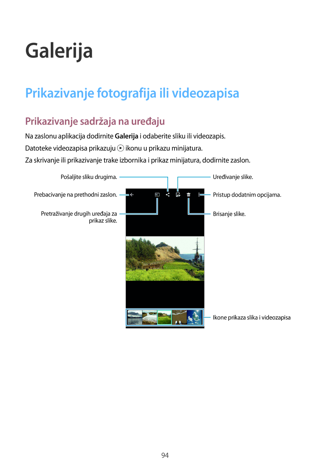 Samsung SM-G850FZDETWO manual Galerija, Prikazivanje fotografija ili videozapisa, Prikazivanje sadržaja na uređaju 