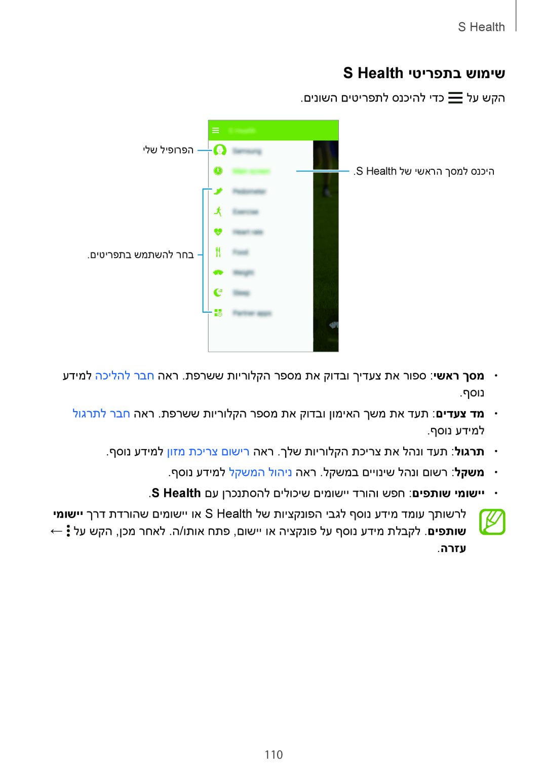 Samsung SM-G850FZDESEE, SM-G850FZWETMT, SM-G850FZWESEE, SM-G850FZKESEE, SM-G850FHSESEE manual Health יטירפתב שומיש, 110, הרזע 