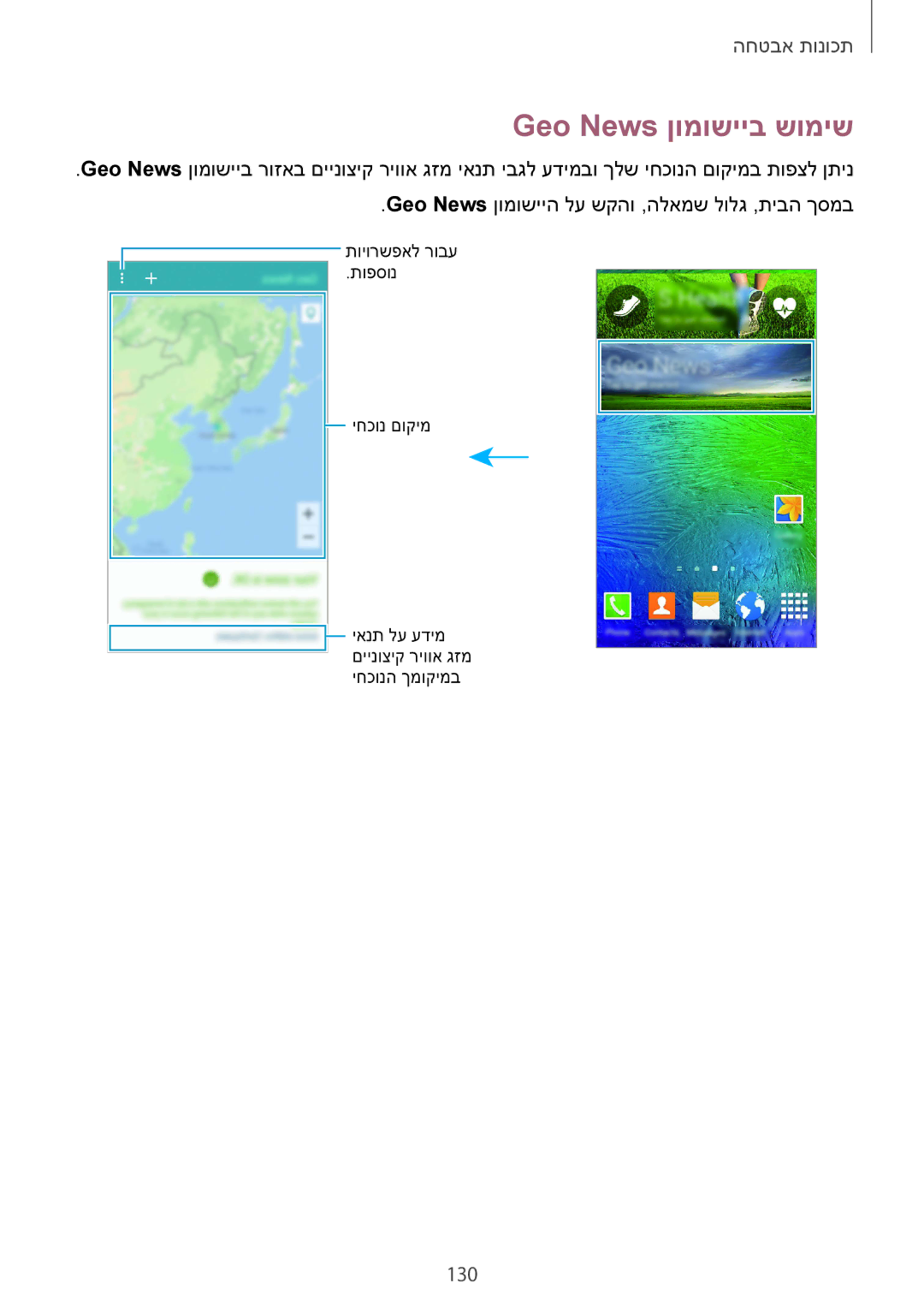 Samsung SM-G850FZDEILO, SM-G850FZWETMT, SM-G850FZWESEE, SM-G850FZDESEE, SM-G850FZKESEE manual Geo News ןומושייב שומיש, 130 