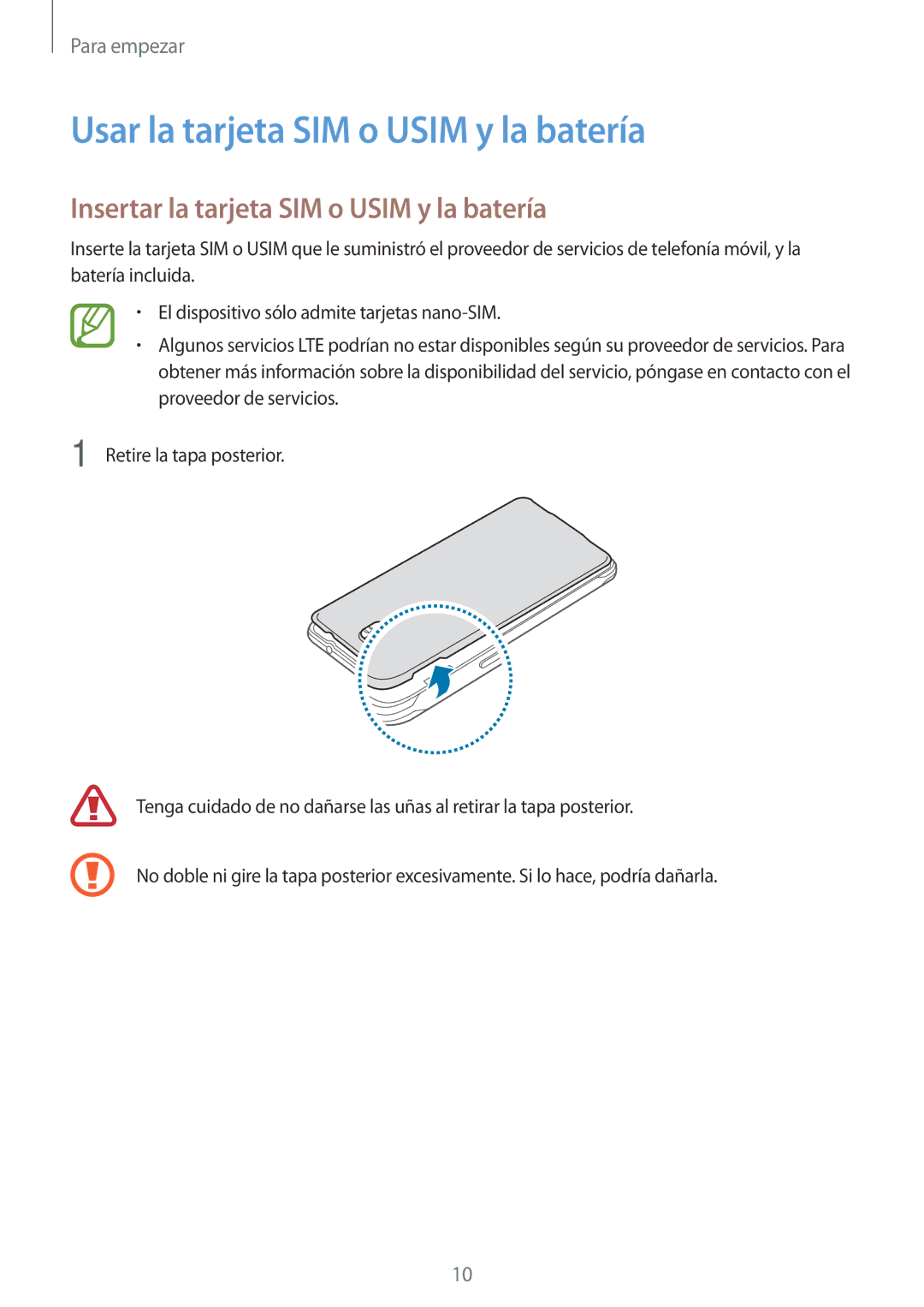 Samsung SM-G850FZKEPHE manual Usar la tarjeta SIM o Usim y la batería, Insertar la tarjeta SIM o Usim y la batería 