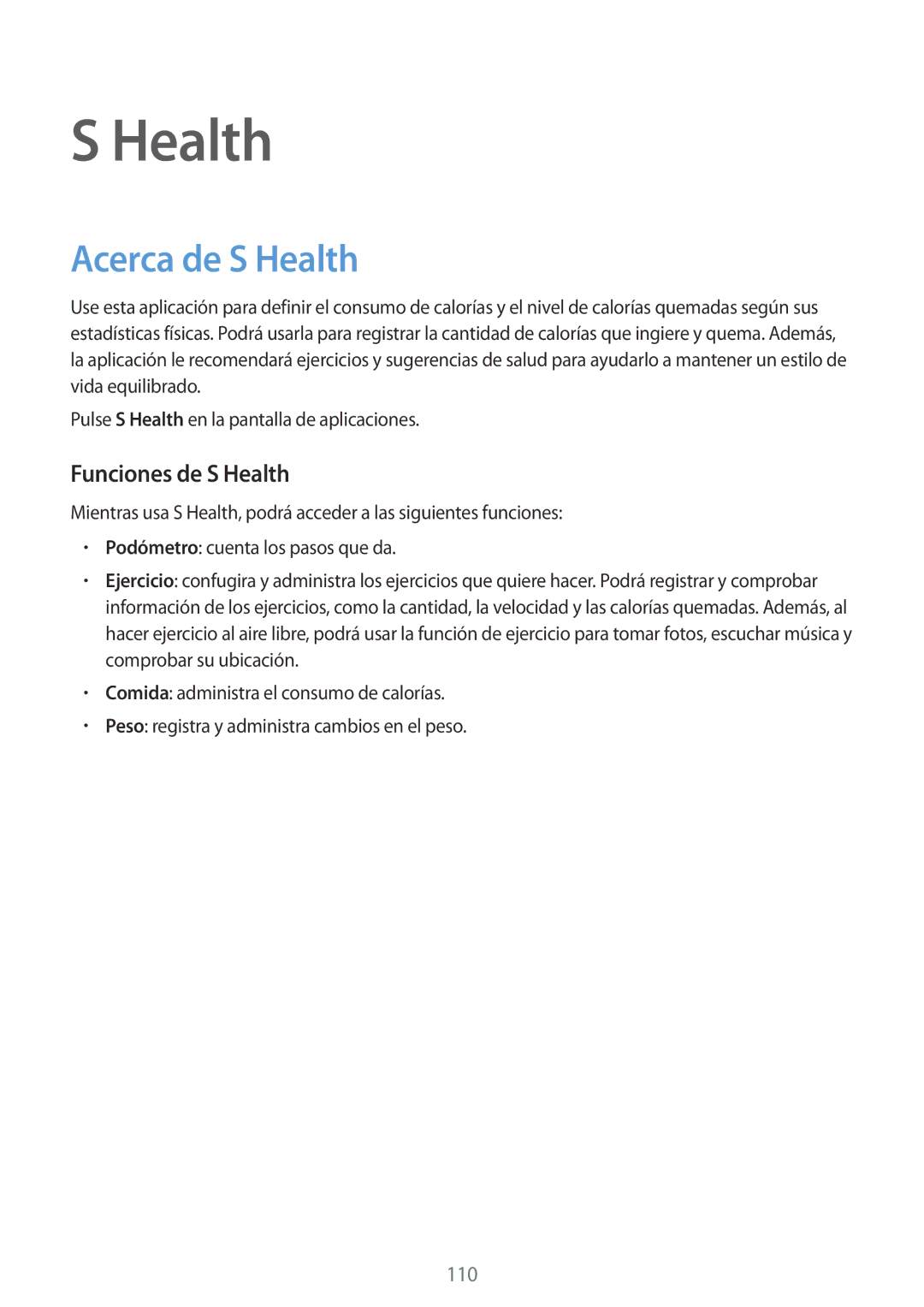 Samsung SM-G850FZWETPH, SM-G850FZDETPH, SM-G850FZKETPH, SM-G850FHSETPH manual Acerca de S Health, Funciones de S Health 