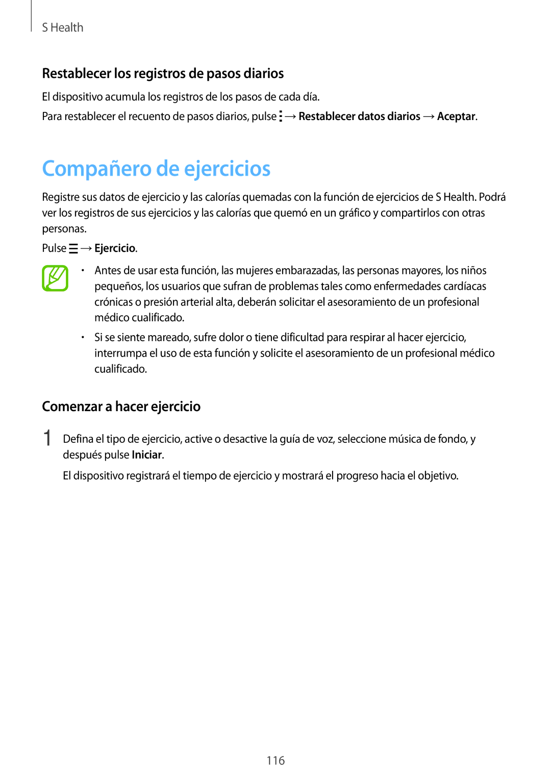 Samsung SM-G850FZKEXEH Compañero de ejercicios, Restablecer los registros de pasos diarios, Comenzar a hacer ejercicio 