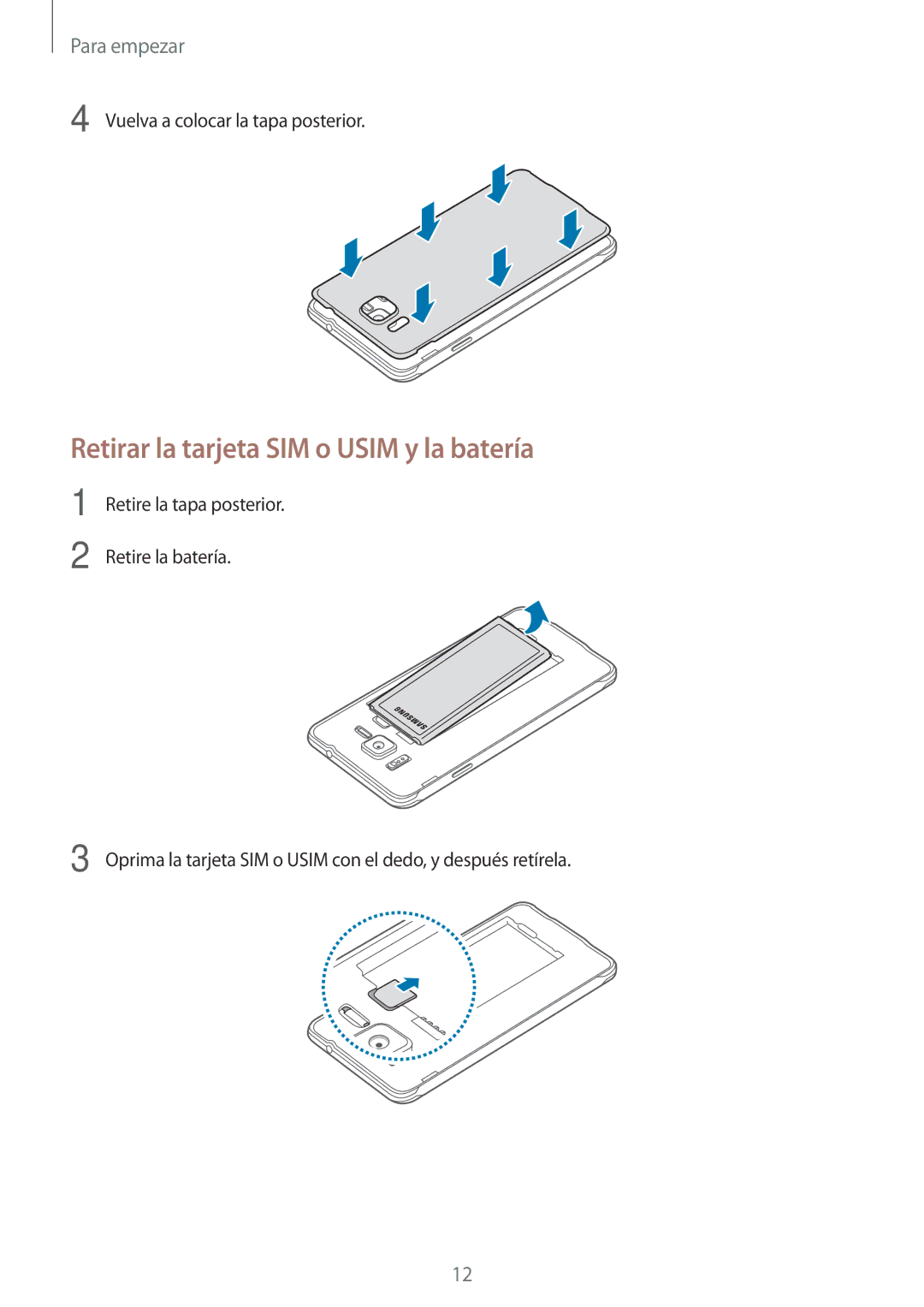 Samsung SM-G850FZKEXEC, SM-G850FZWETPH, SM-G850FZDETPH, SM-G850FZKETPH manual Retirar la tarjeta SIM o Usim y la batería 