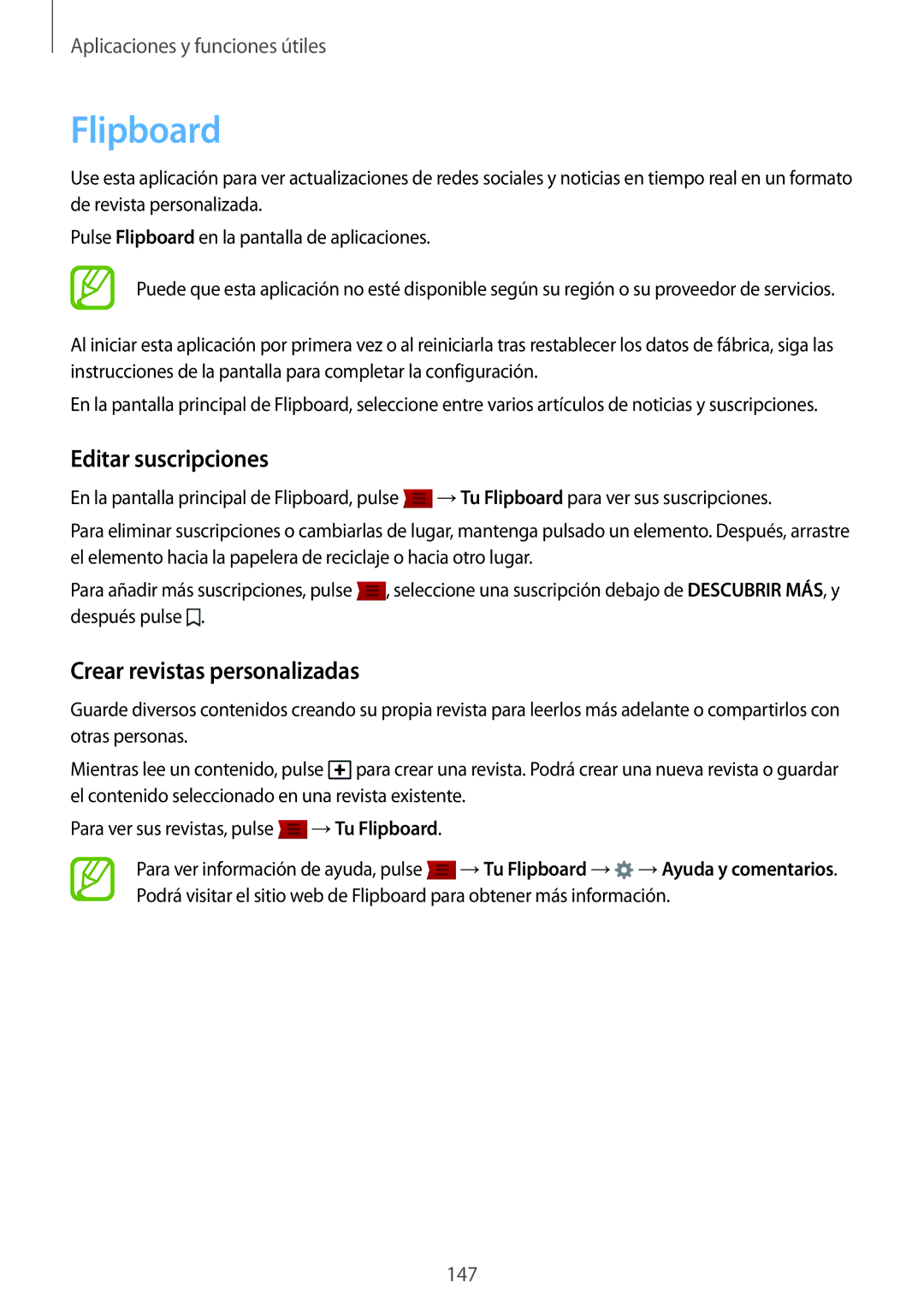 Samsung SM-G850FHSEROM, SM-G850FZWETPH, SM-G850FZDETPH manual Flipboard, Editar suscripciones, Crear revistas personalizadas 