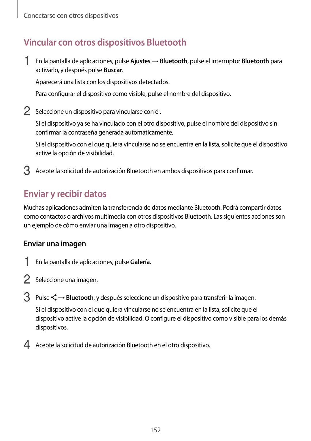 Samsung SM-G850FZBEPHE manual Vincular con otros dispositivos Bluetooth, Enviar y recibir datos, Enviar una imagen 