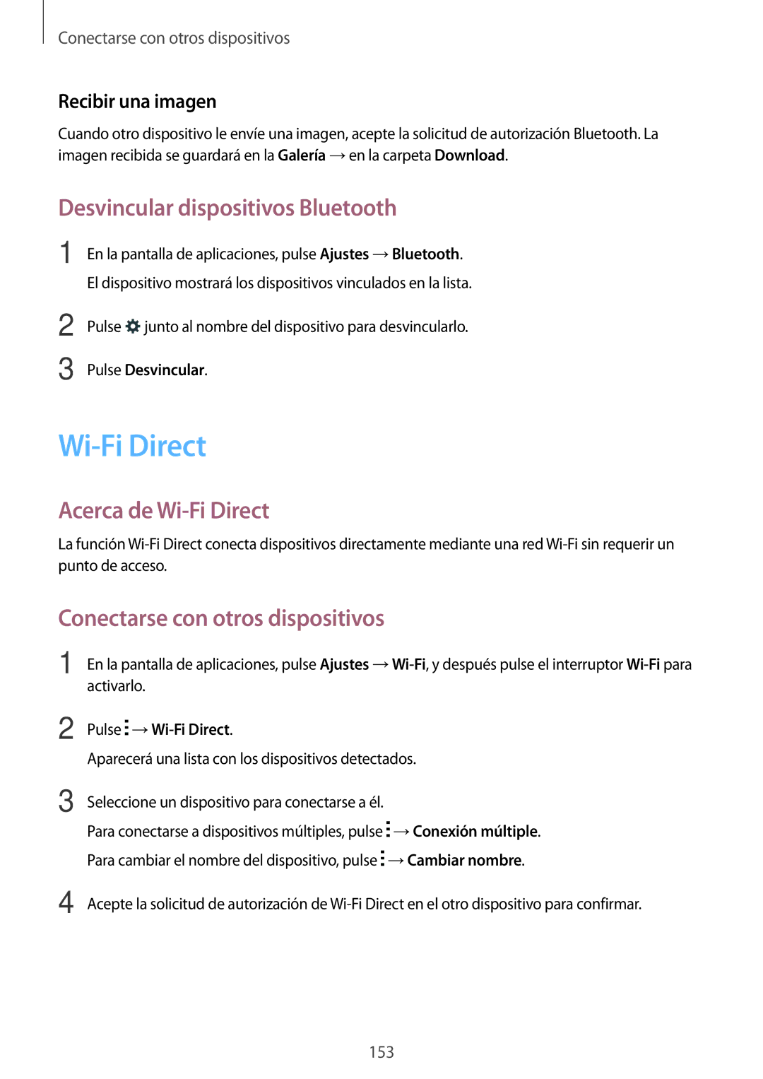 Samsung SM-G850FHSEAMO Desvincular dispositivos Bluetooth, Acerca de Wi-Fi Direct, Conectarse con otros dispositivos 